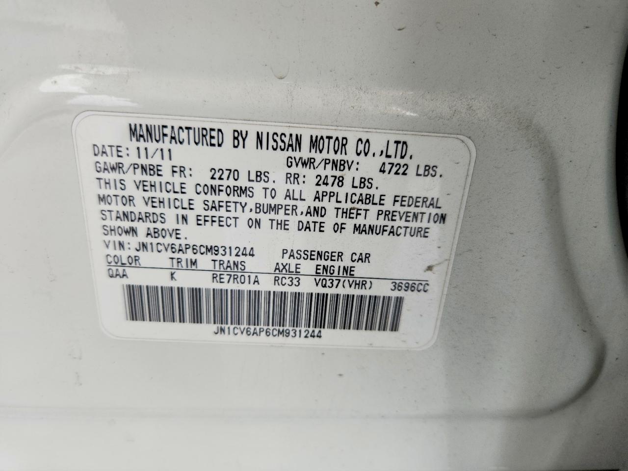 2012 Infiniti G37 Sedan Journey White vin: JN1CV6AP6CM931244