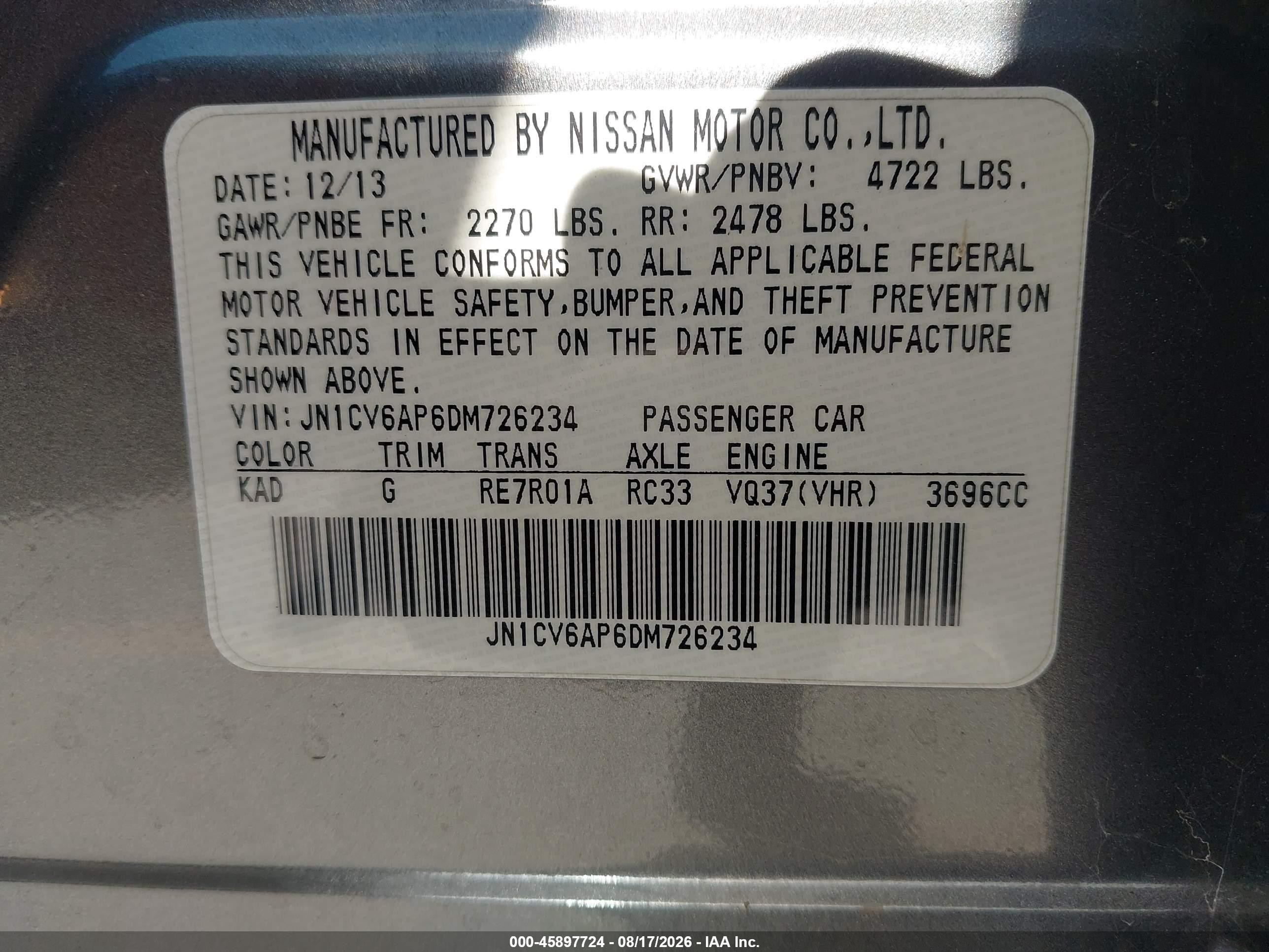 2013 Infiniti G37 Journey Gray vin: JN1CV6AP6DM726234