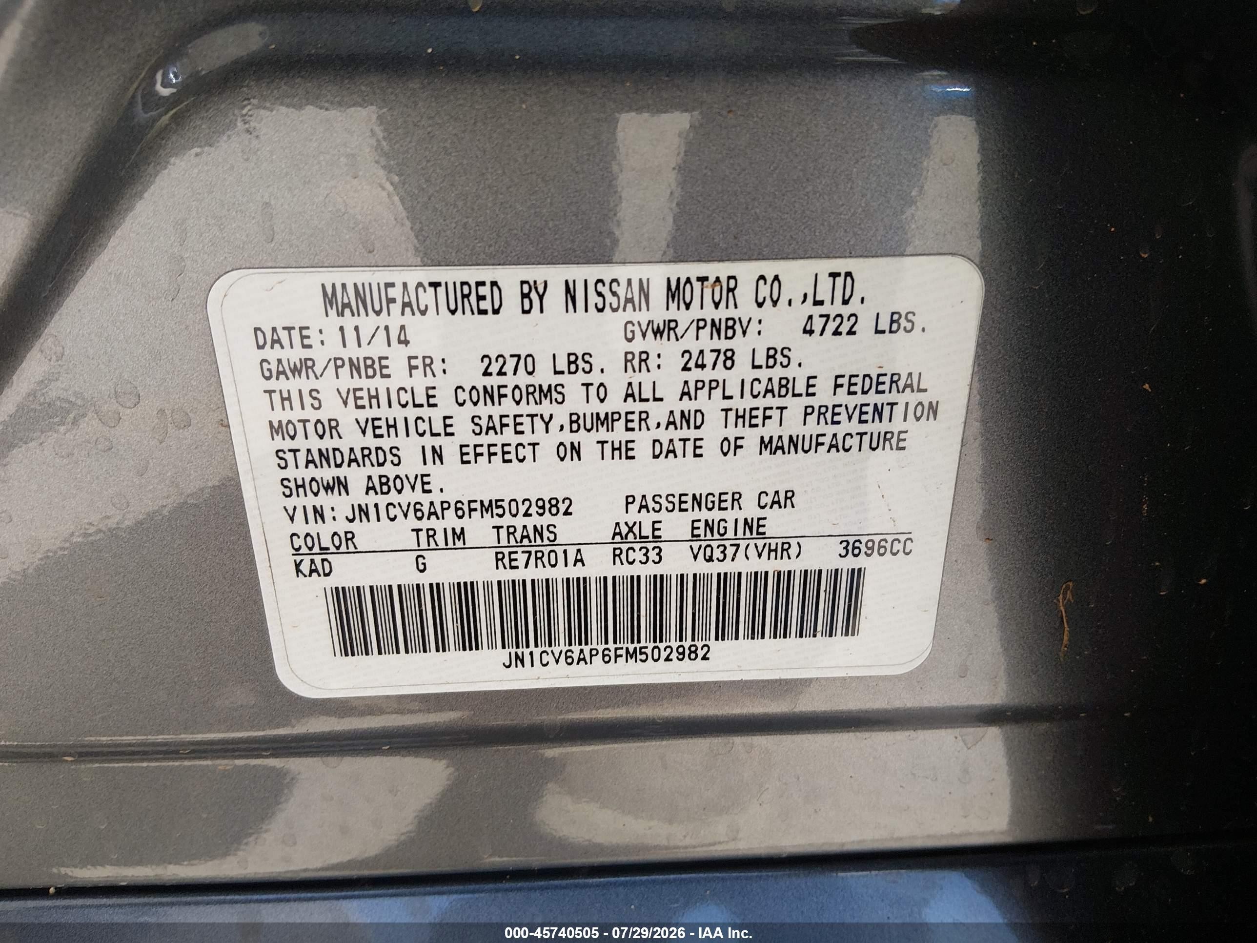 2015 Infiniti Q40   Gray vin: JN1CV6AP6FM502982