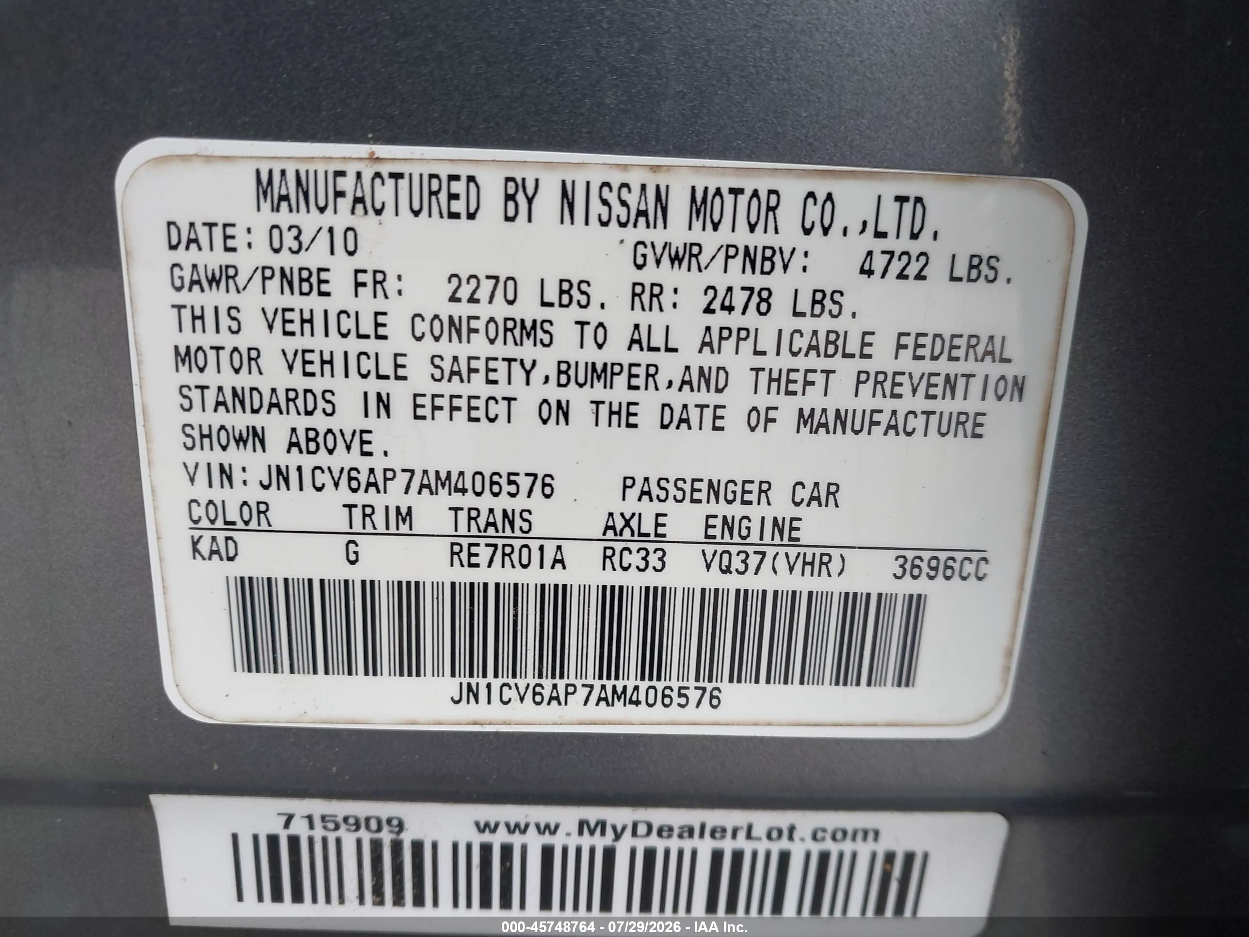 2010 Infiniti G37 Journey Gray vin: JN1CV6AP7AM406576