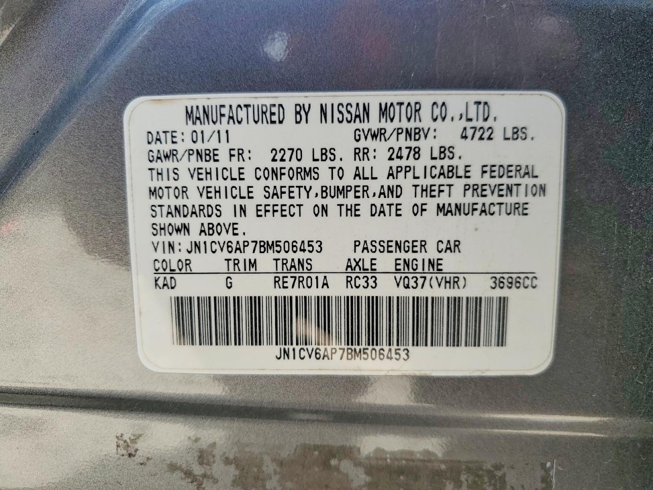 2011 Infiniti G37 Sedan Journey Gray vin: JN1CV6AP7BM506453