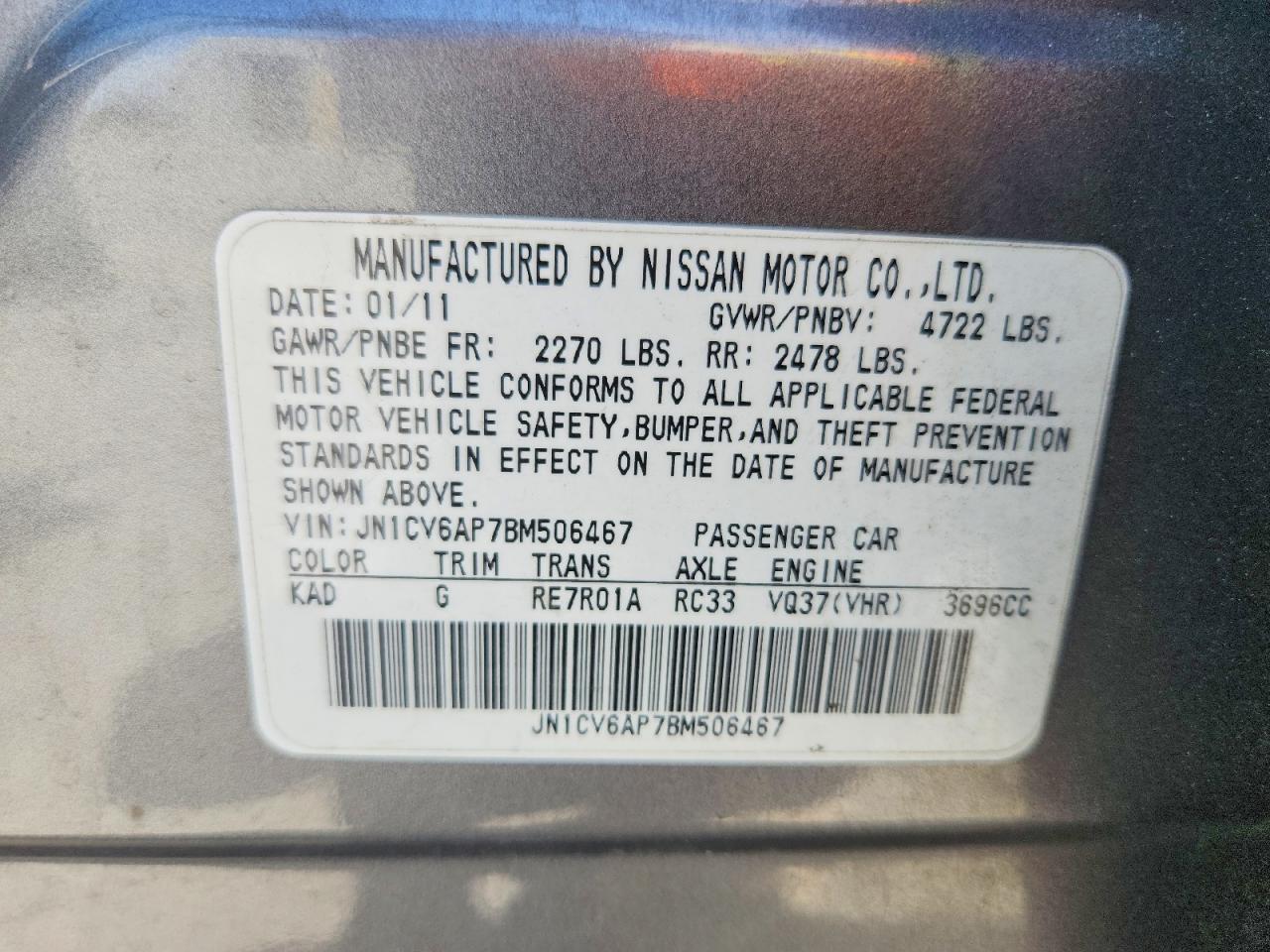 2011 Infiniti G37 Sport Gray vin: JN1CV6AP7BM506467