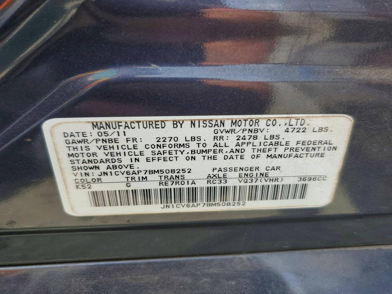 2011 Infiniti G37 Sedan Journey Blue vin: JN1CV6AP7BM508252