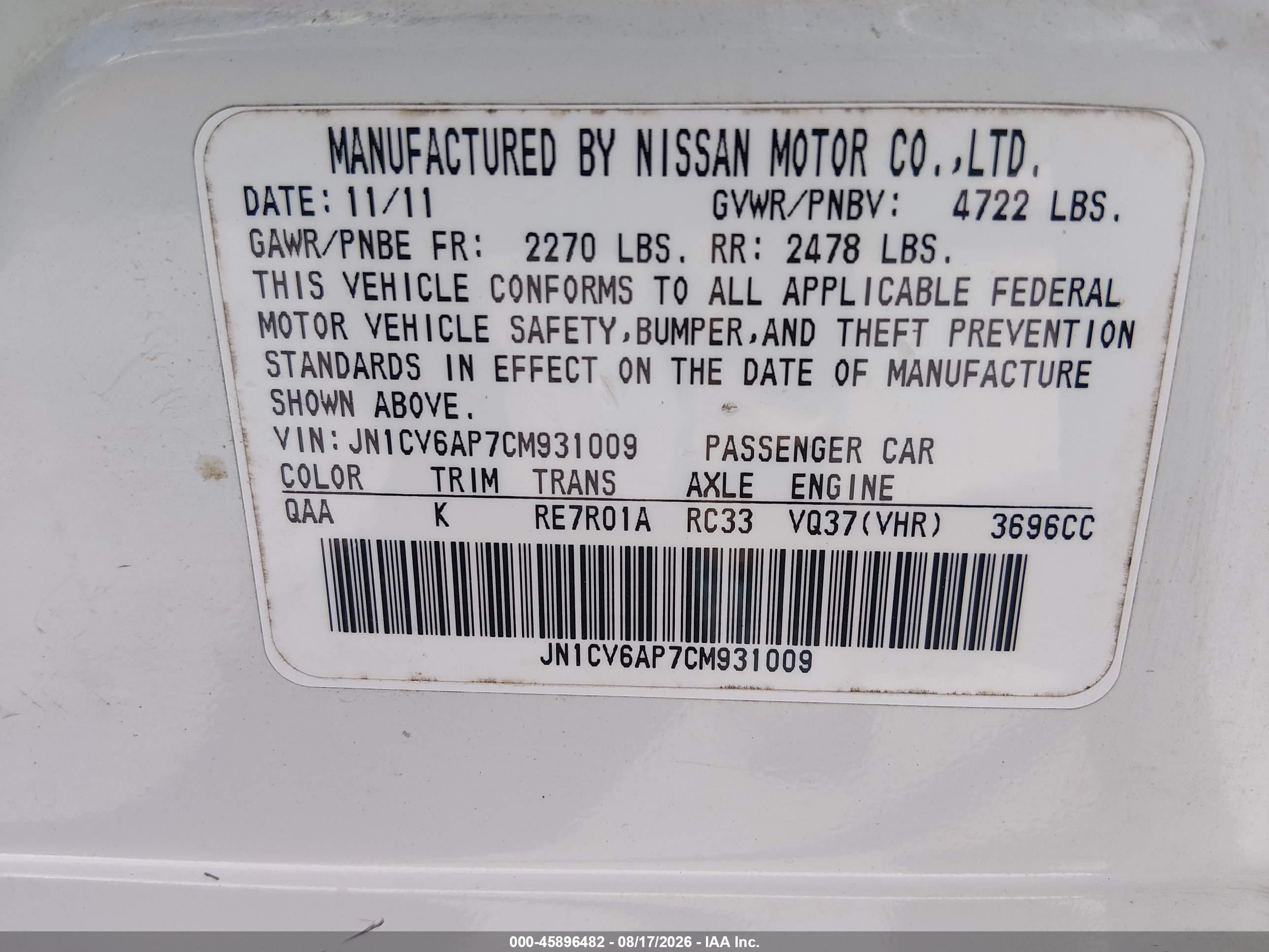 2012 Infiniti G37 Journey Белый vin: JN1CV6AP7CM931009
