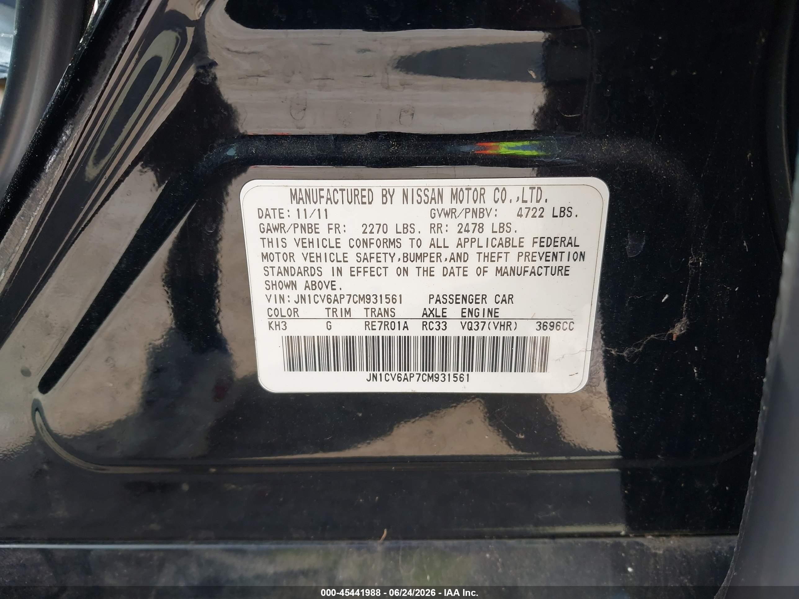 2012 Infiniti G37 Journey Black vin: JN1CV6AP7CM931561