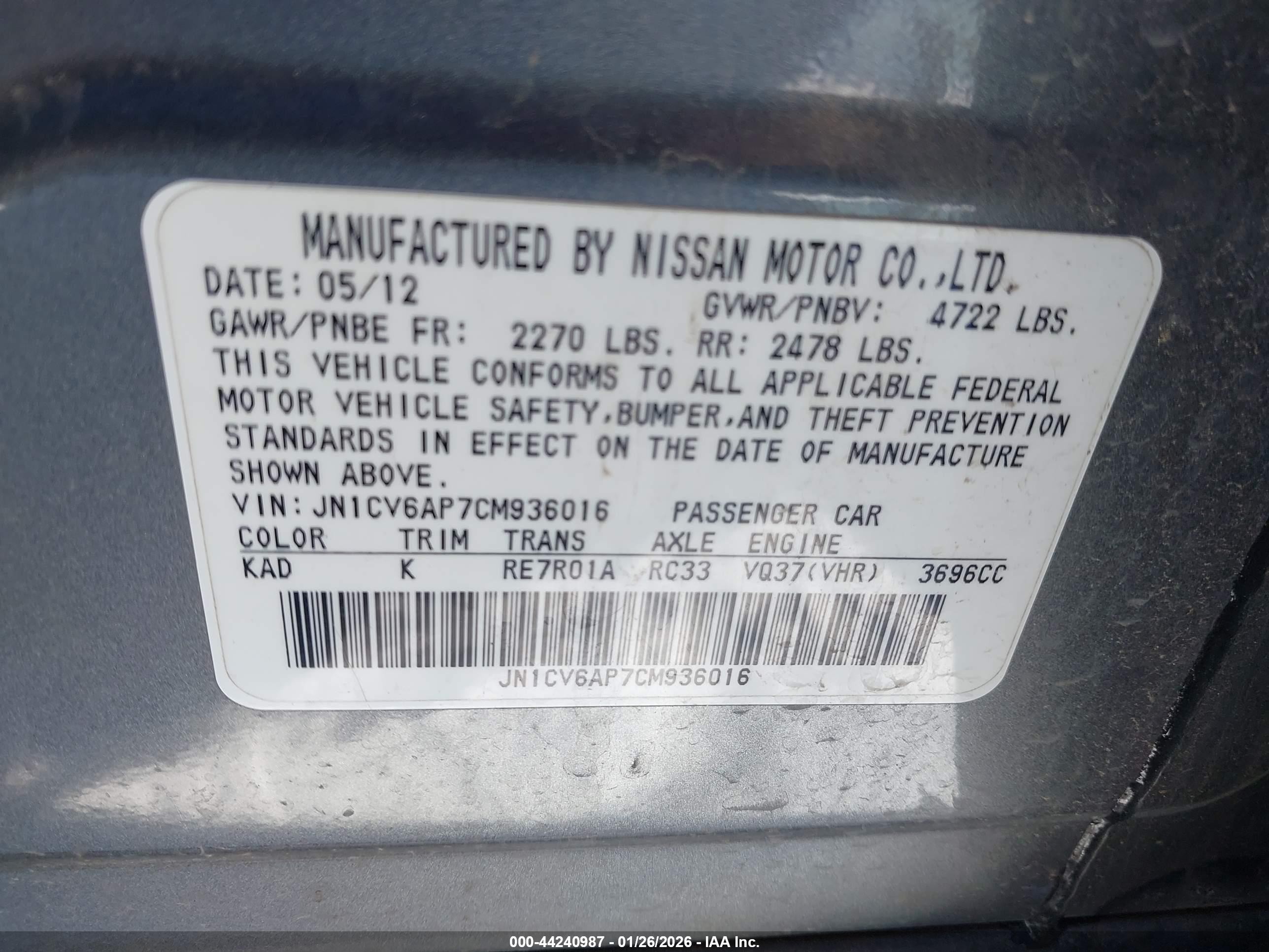 2012 Infiniti G37 Journey Gray vin: JN1CV6AP7CM936016