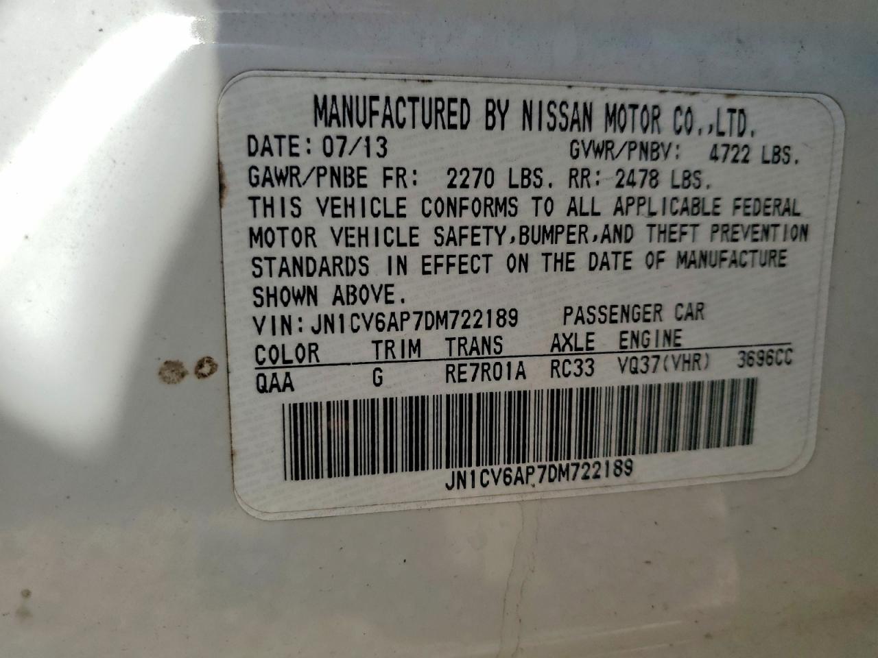 2013 Infiniti G35 White vin: JN1CV6AP7DM722189