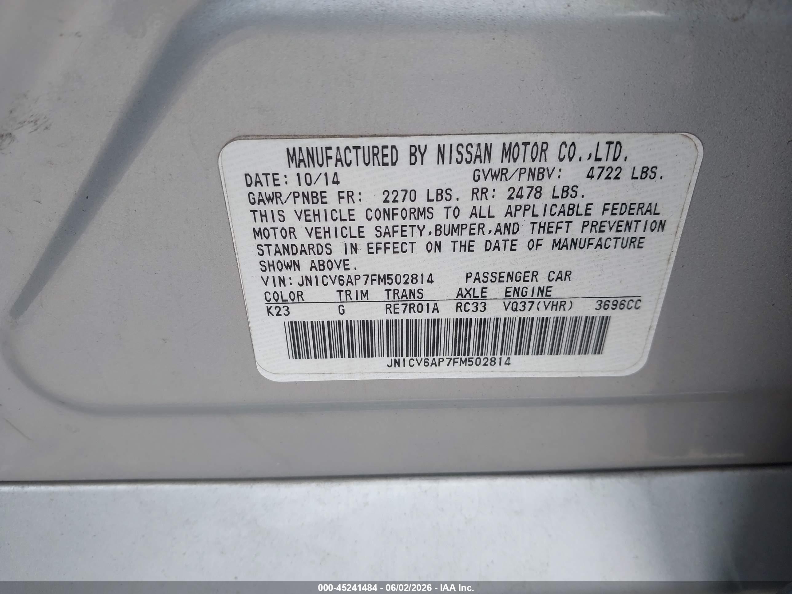 2015 Infiniti Q40   Silver vin: JN1CV6AP7FM502814