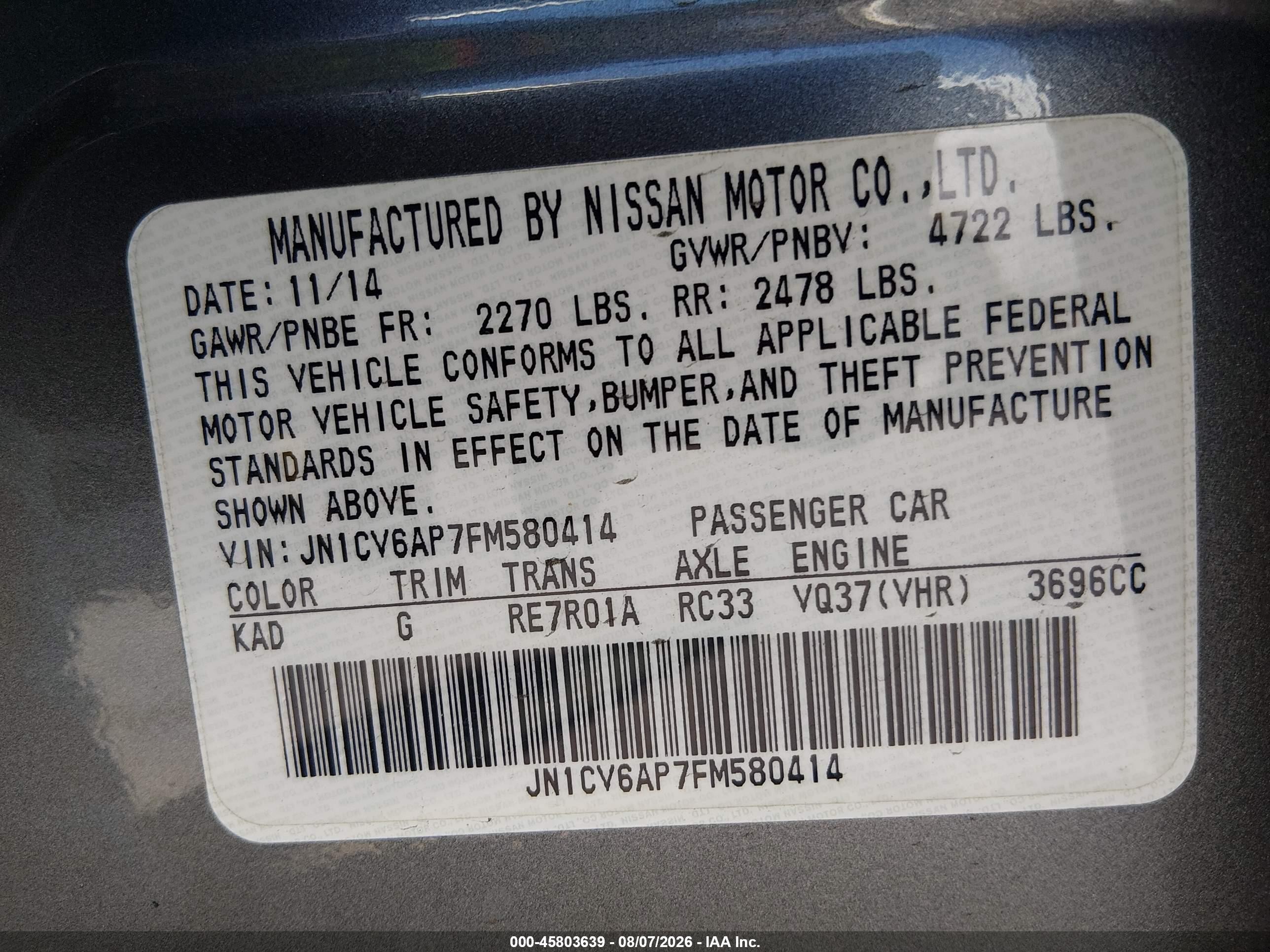 2015 Infiniti Q40   Gray vin: JN1CV6AP7FM580414
