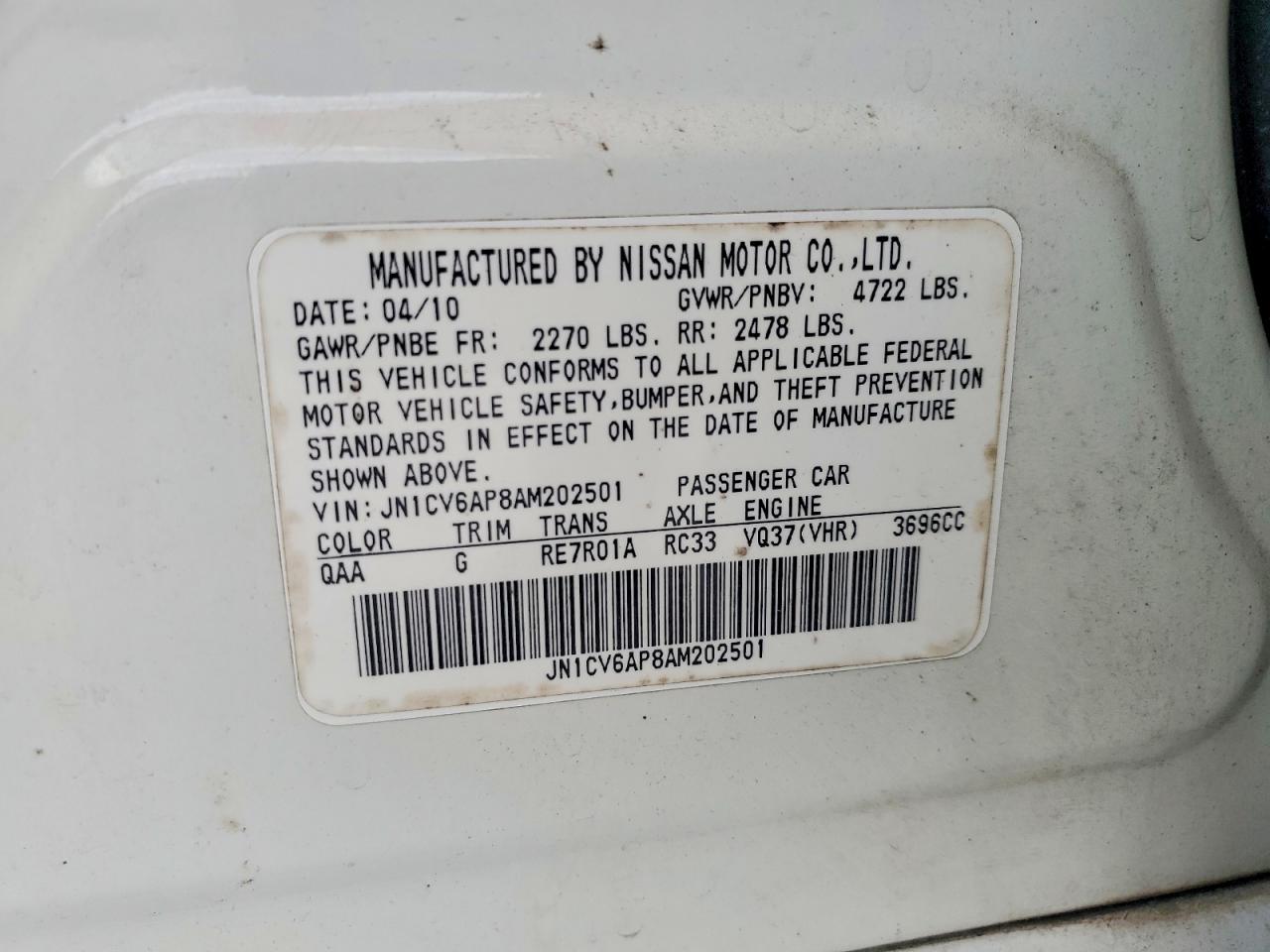 2010 Infiniti G37 Sedan Base White vin: JN1CV6AP8AM202501