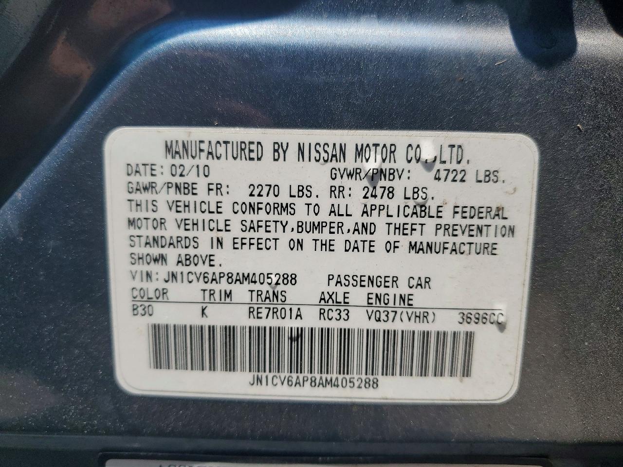 2010 Infiniti G37 Sedan Base Teal vin: JN1CV6AP8AM405288