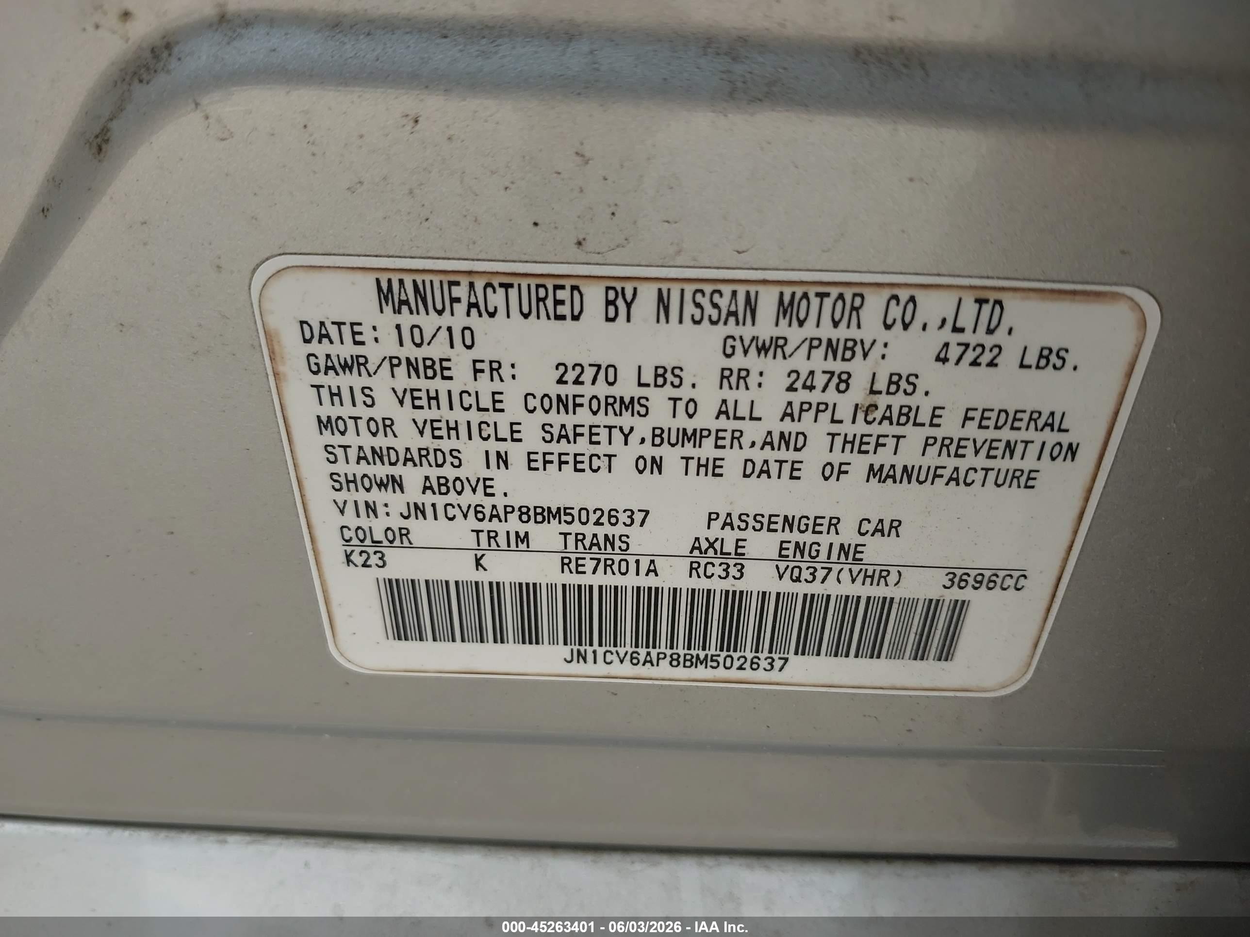 2011 Infiniti G37 Journey Silver vin: JN1CV6AP8BM502637