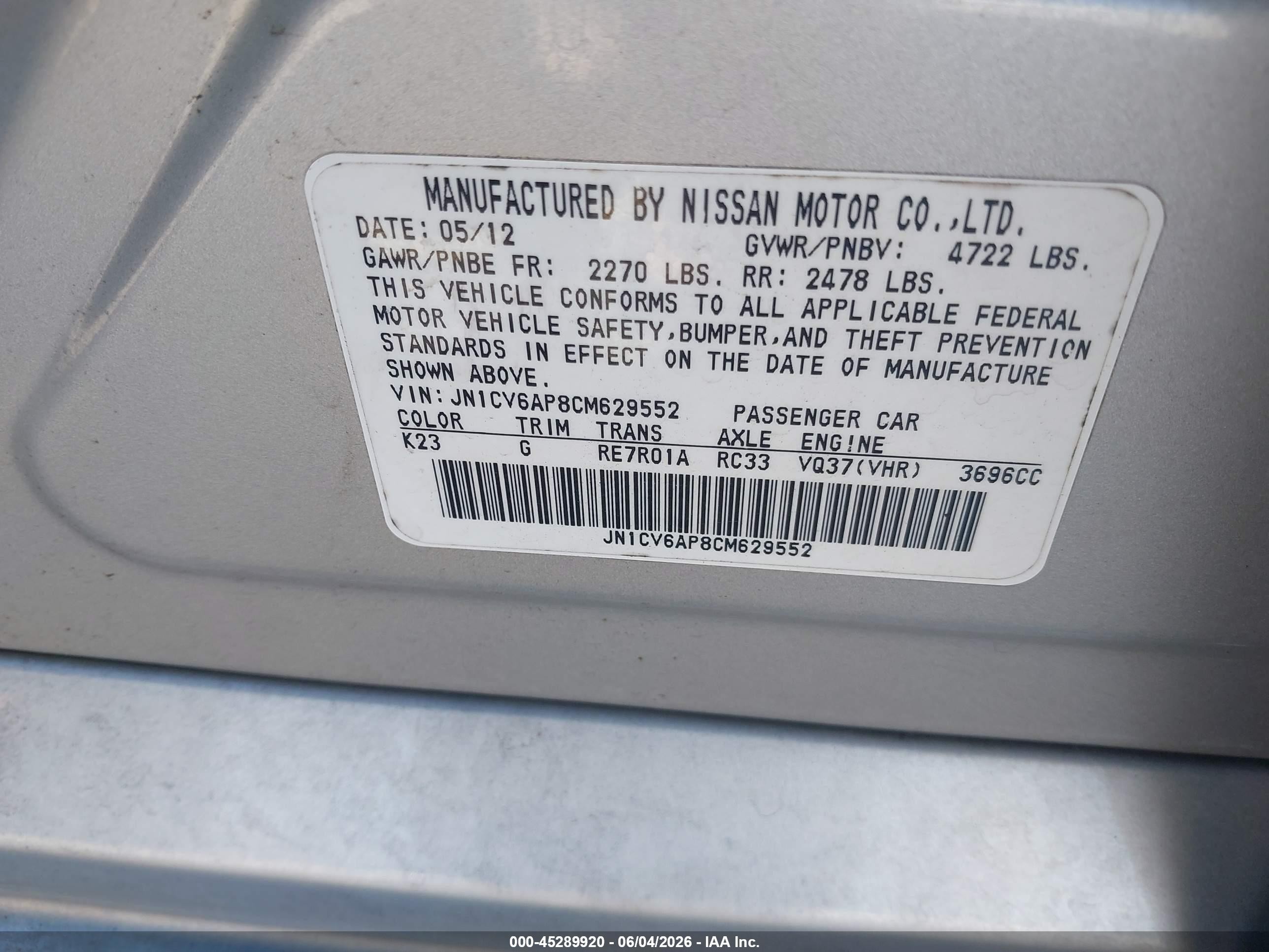 2012 Infiniti G37 Journey Silver vin: JN1CV6AP8CM629552