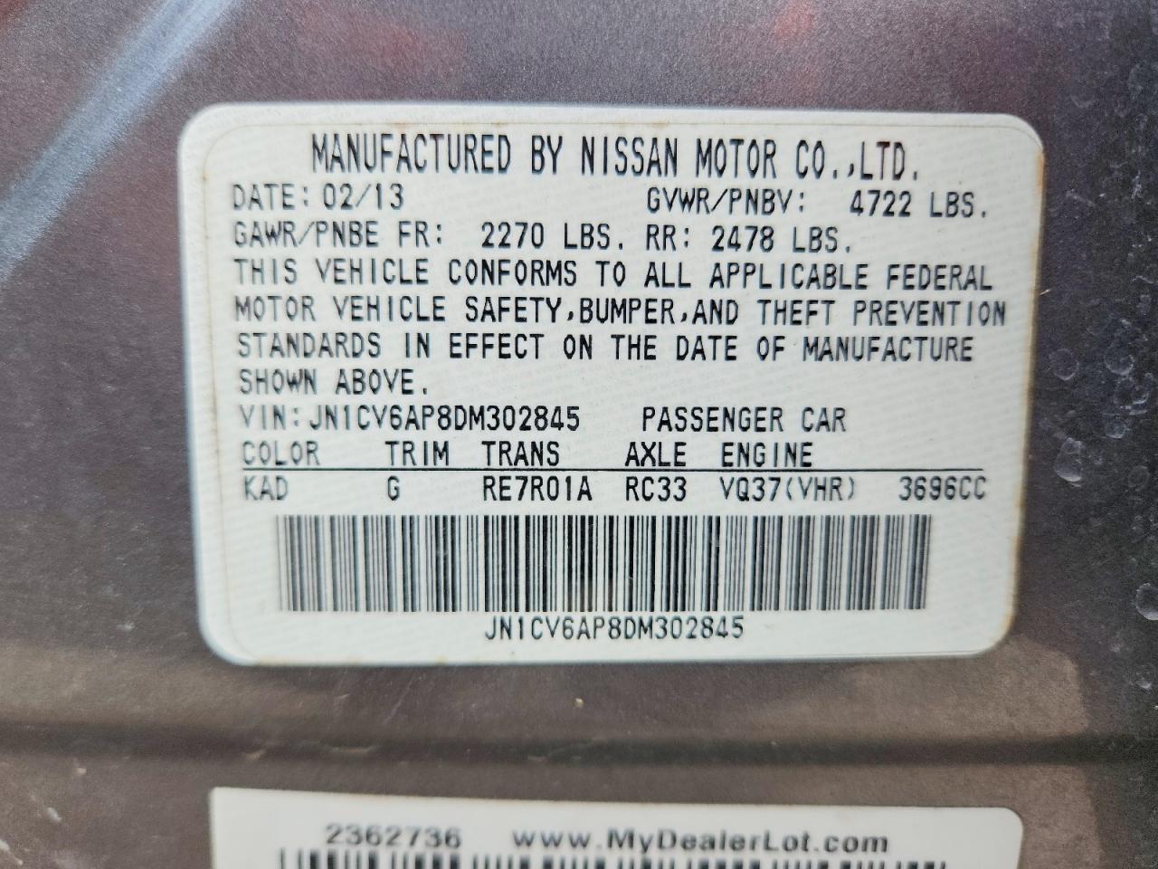 2013 Infiniti G37 Sedan Journey Gray vin: JN1CV6AP8DM302845