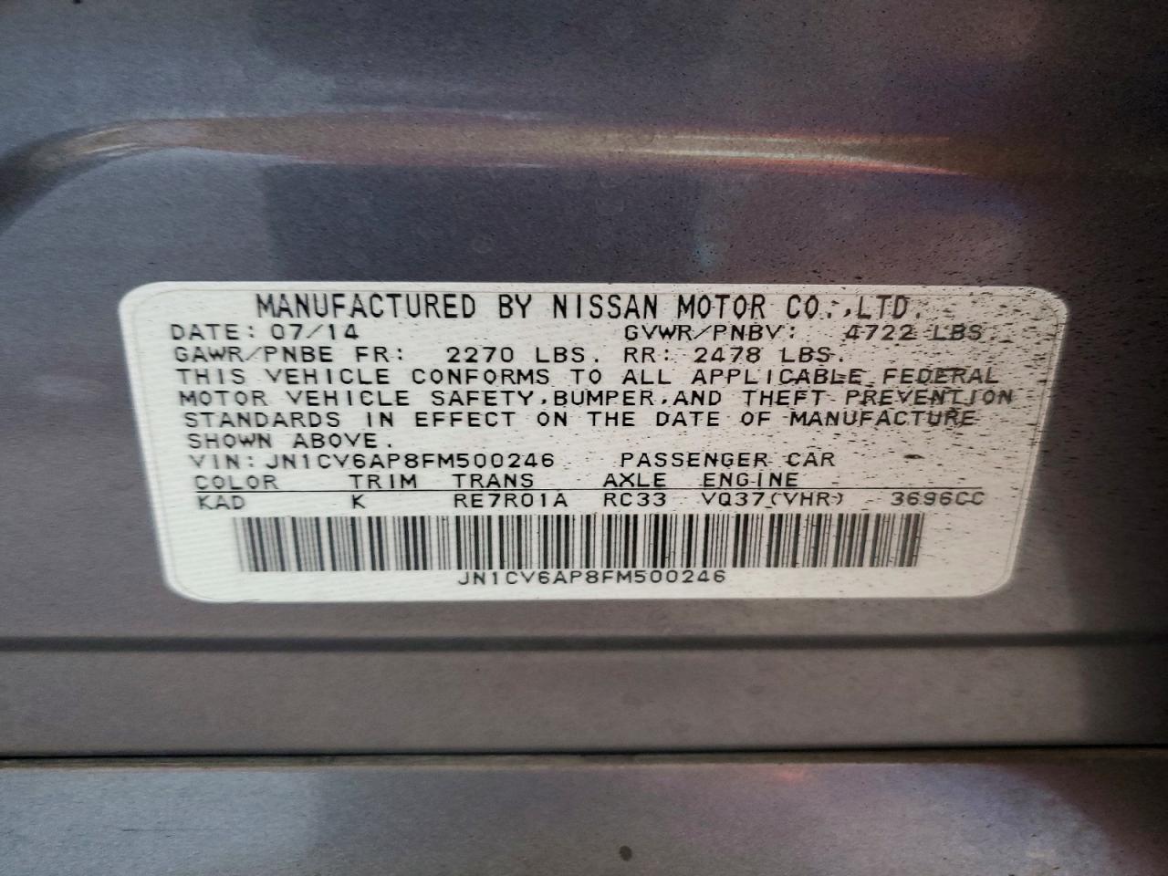 2015 Infiniti Q40 Base Gray vin: JN1CV6AP8FM500246