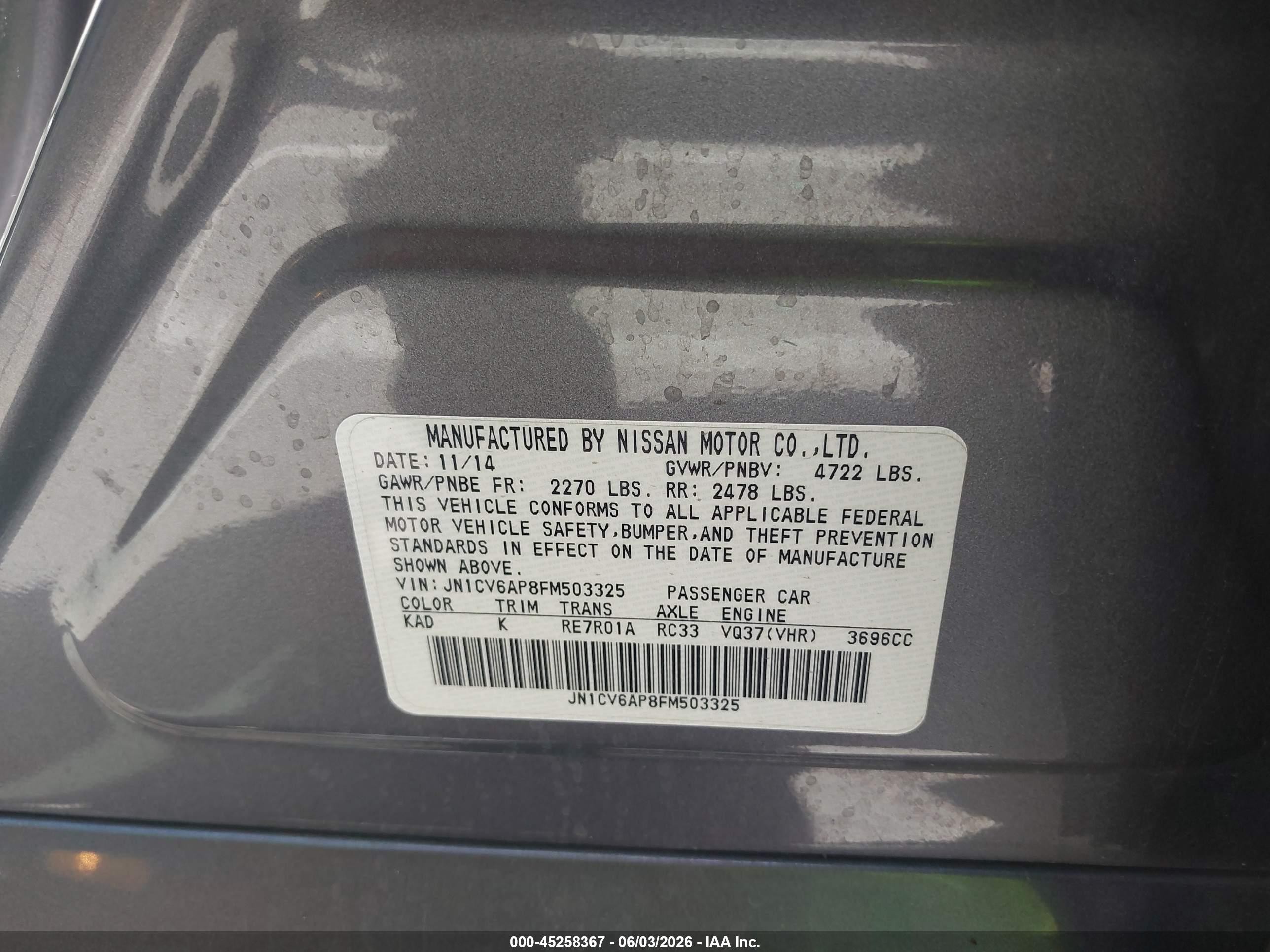 2015 Infiniti Q40   Gray vin: JN1CV6AP8FM503325