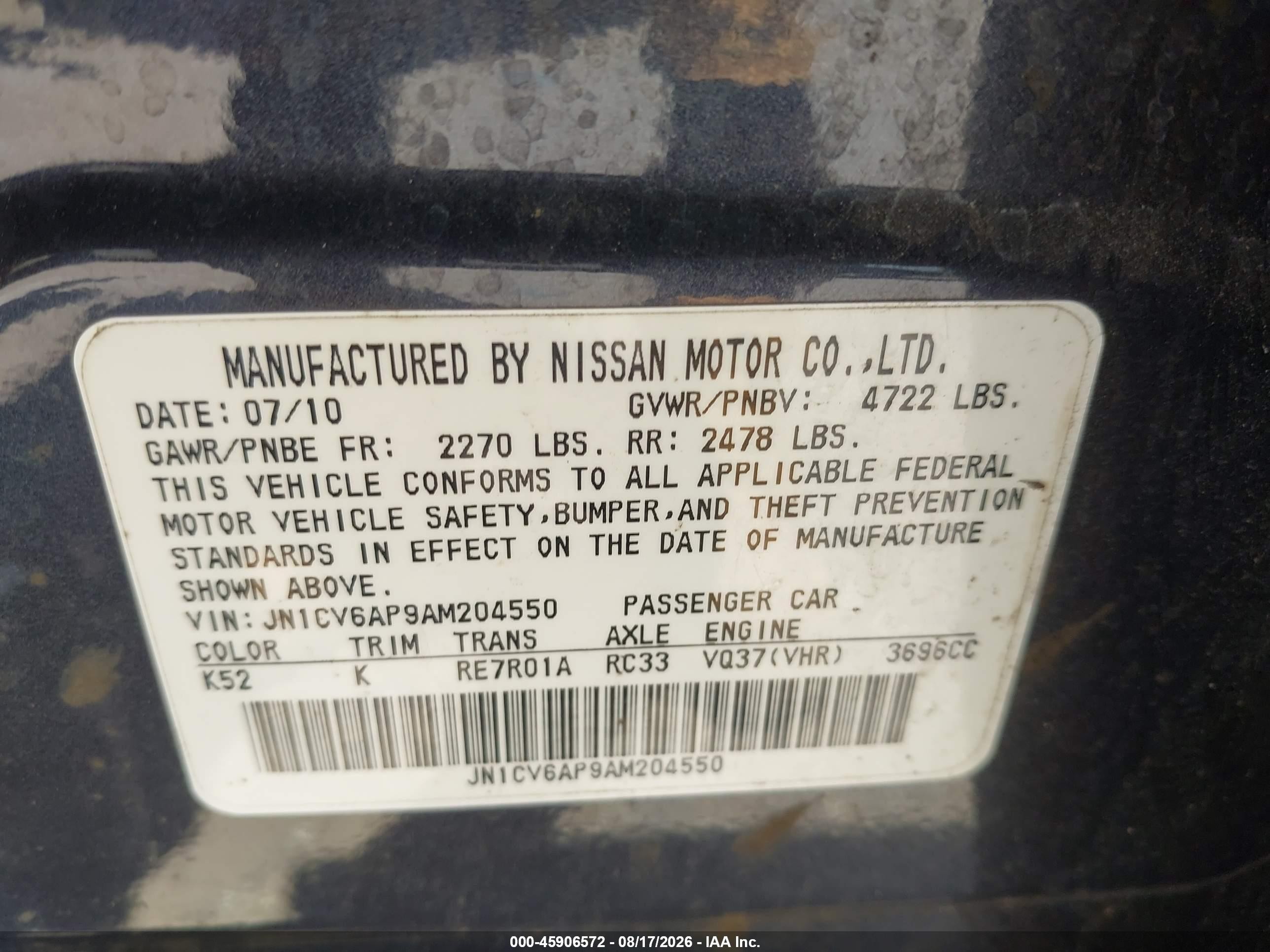 2010 Infiniti G37 Journey Gray vin: JN1CV6AP9AM204550