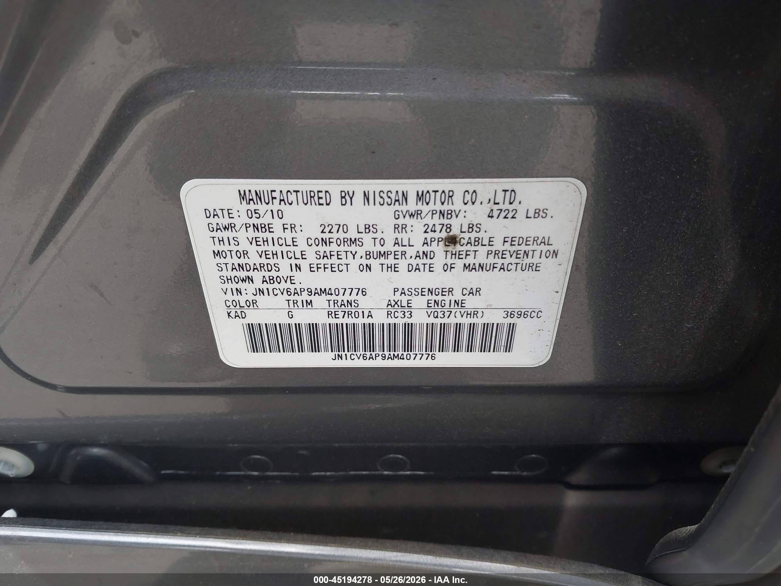 2010 Infiniti G37 Journey Gray vin: JN1CV6AP9AM407776