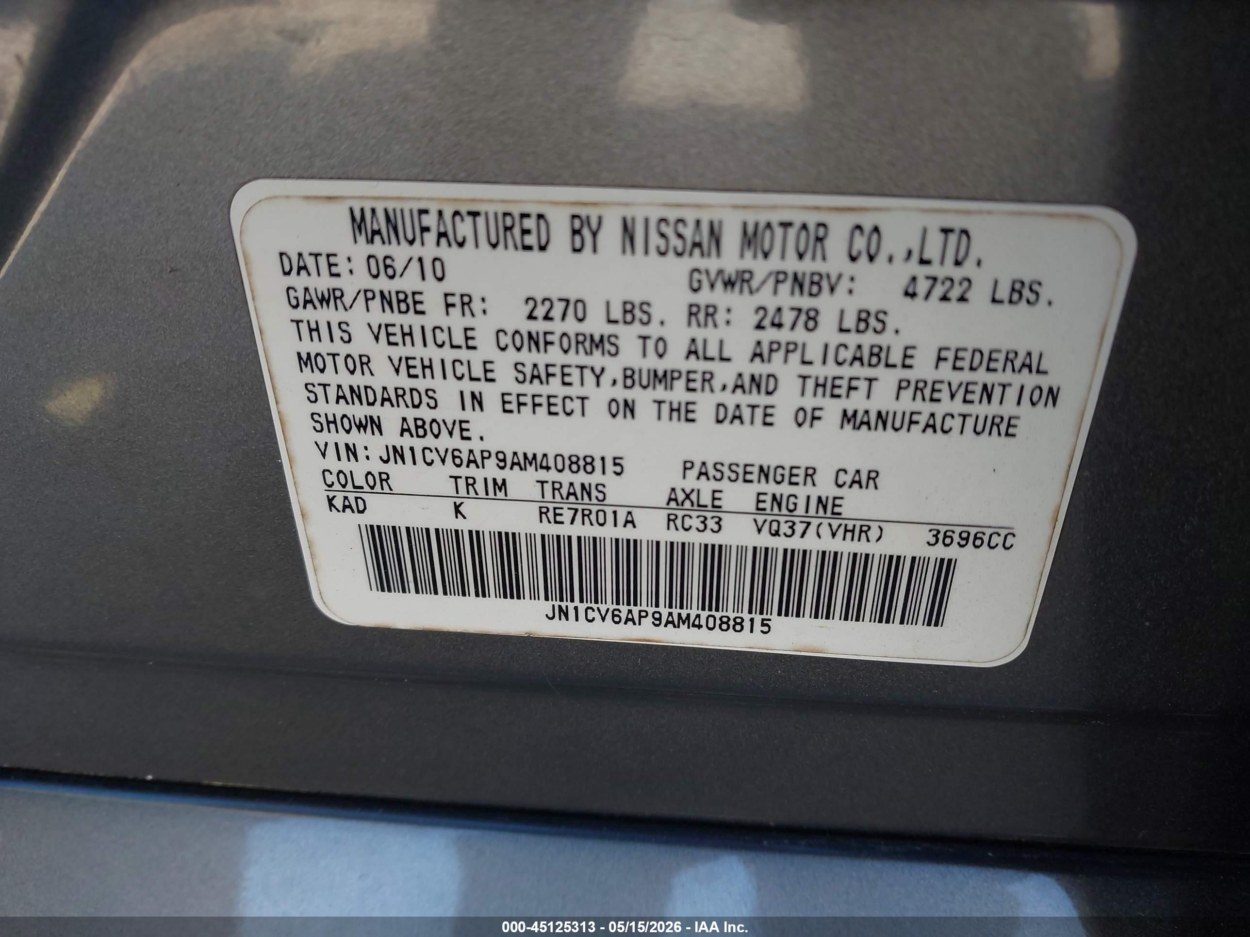 2010 Infiniti G37 Journey Gray vin: JN1CV6AP9AM408815