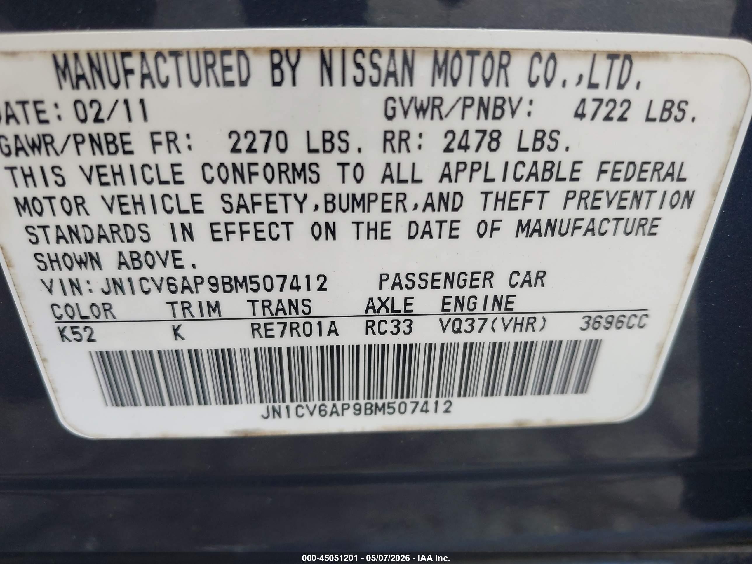 2011 Infiniti G37 Journey Blue vin: JN1CV6AP9BM507412