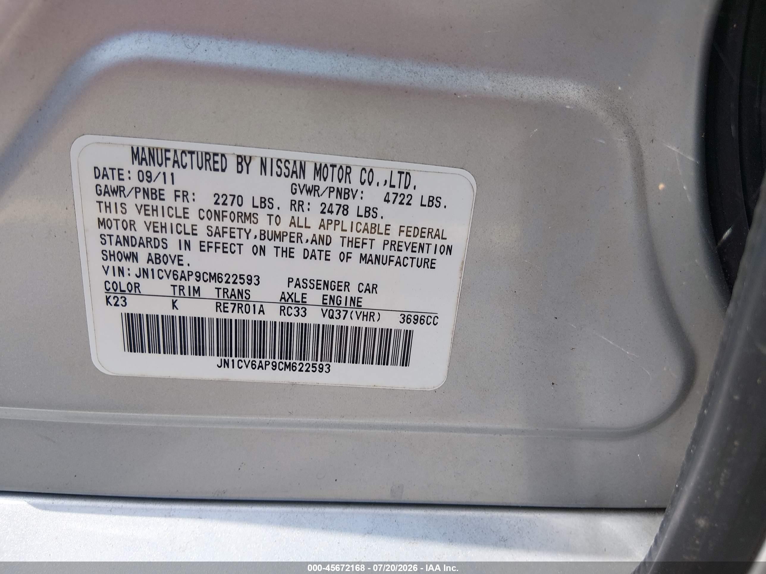 2012 Infiniti G37 Journey Silver vin: JN1CV6AP9CM622593