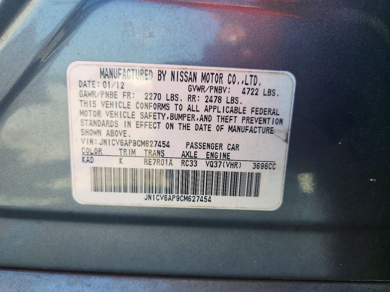 2012 Infiniti G37 Base Silver vin: JN1CV6AP9CM627454