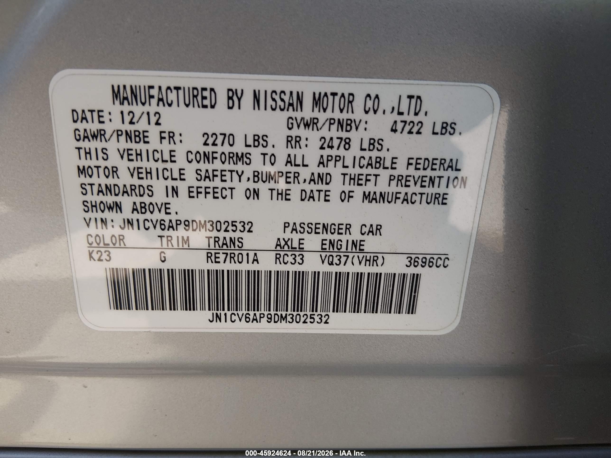 2013 Infiniti G37 Journey Silver vin: JN1CV6AP9DM302532