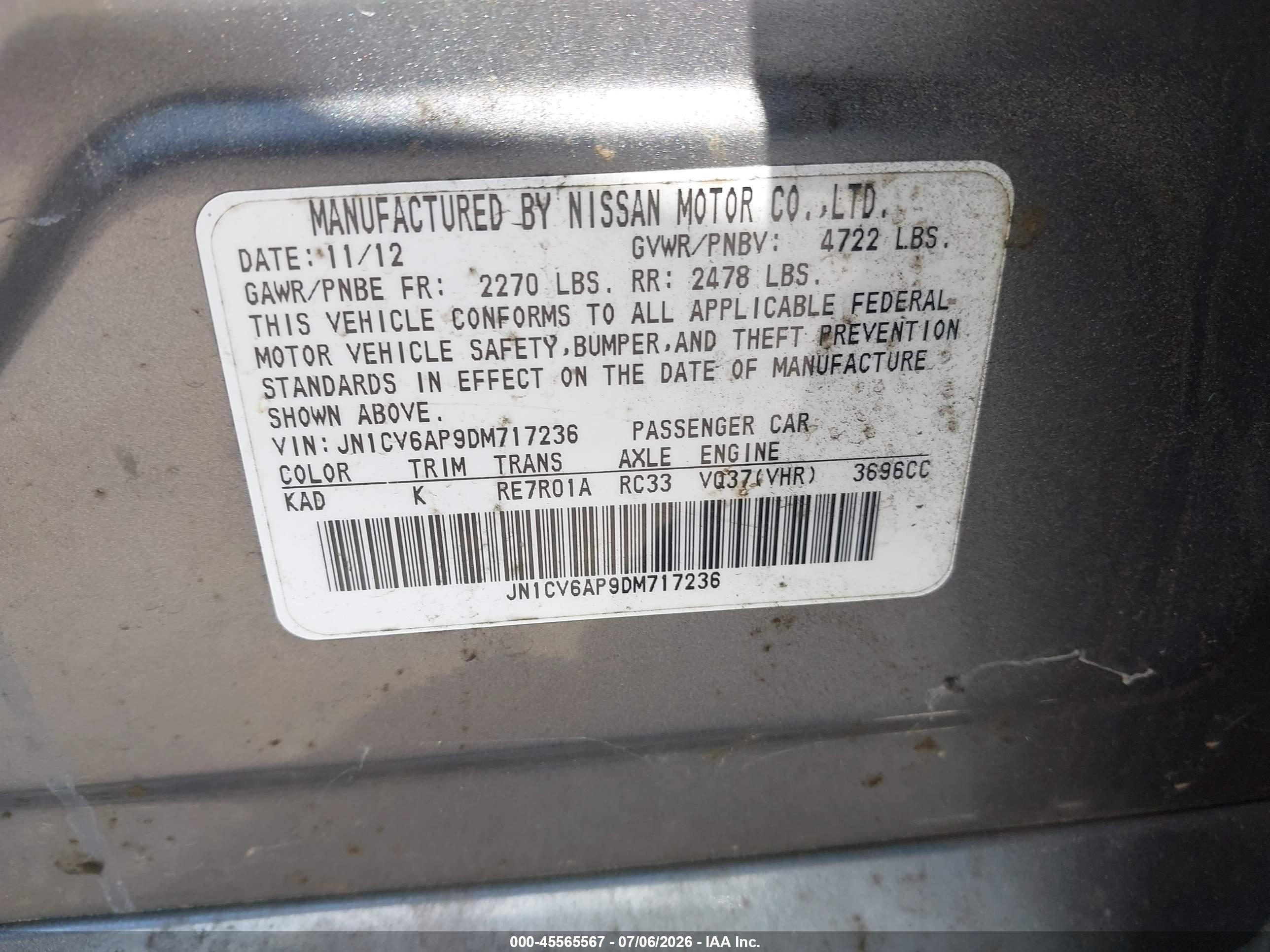 2013 Infiniti G37 Journey Gray vin: JN1CV6AP9DM717236