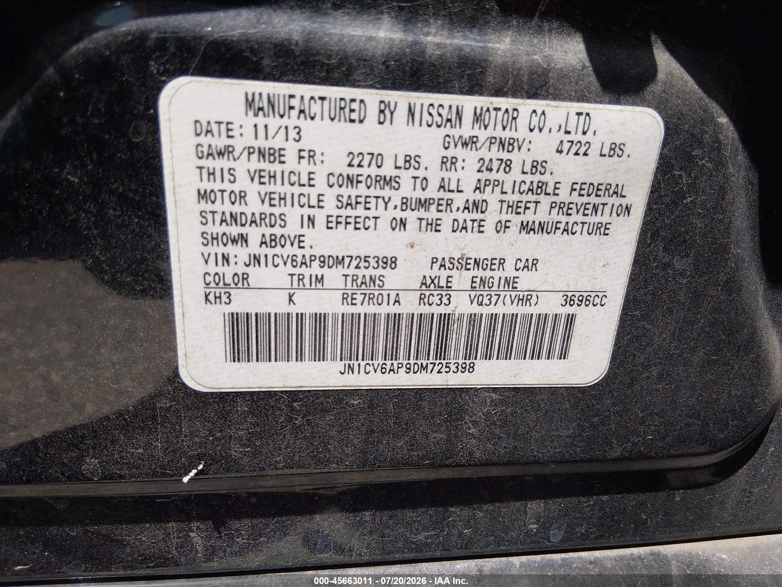 2013 Infiniti G37 Journey Black vin: JN1CV6AP9DM725398