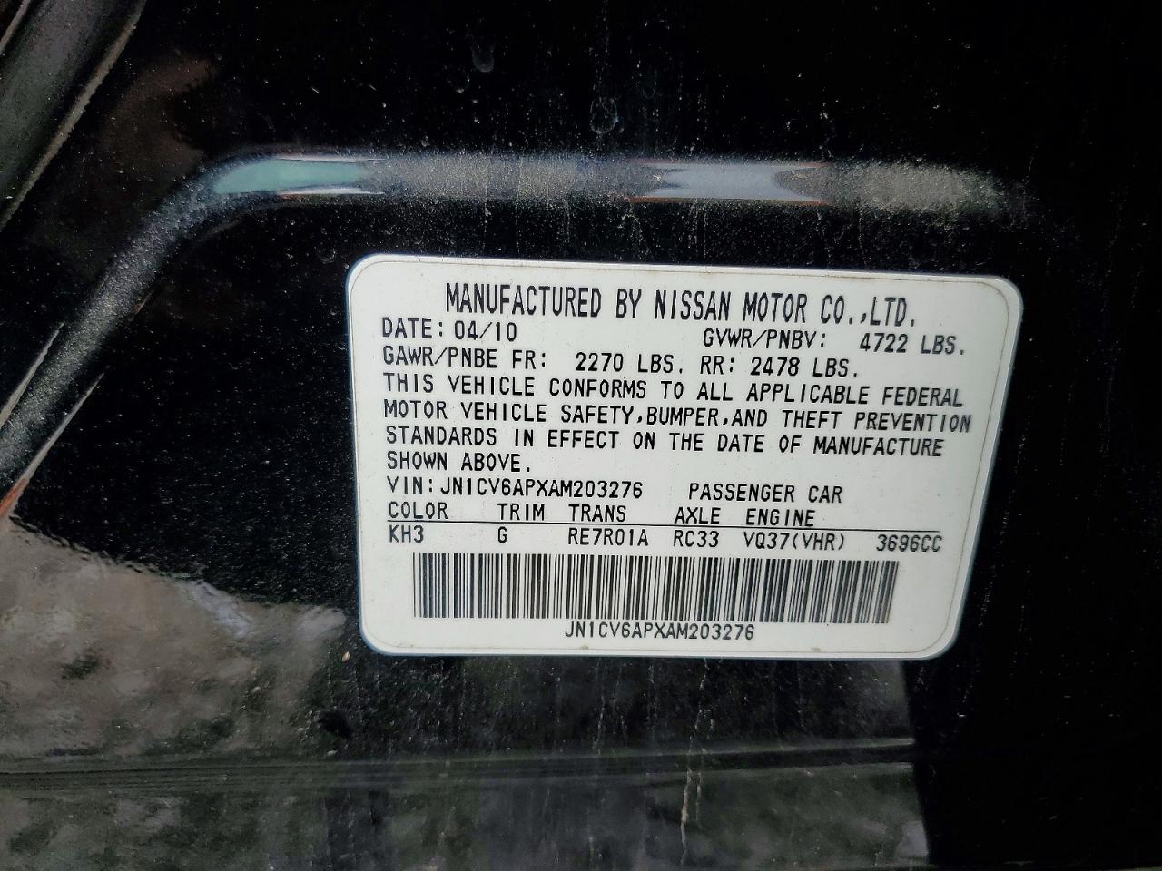 2010 Infiniti G37 Sedan Base Black vin: JN1CV6APXAM203276