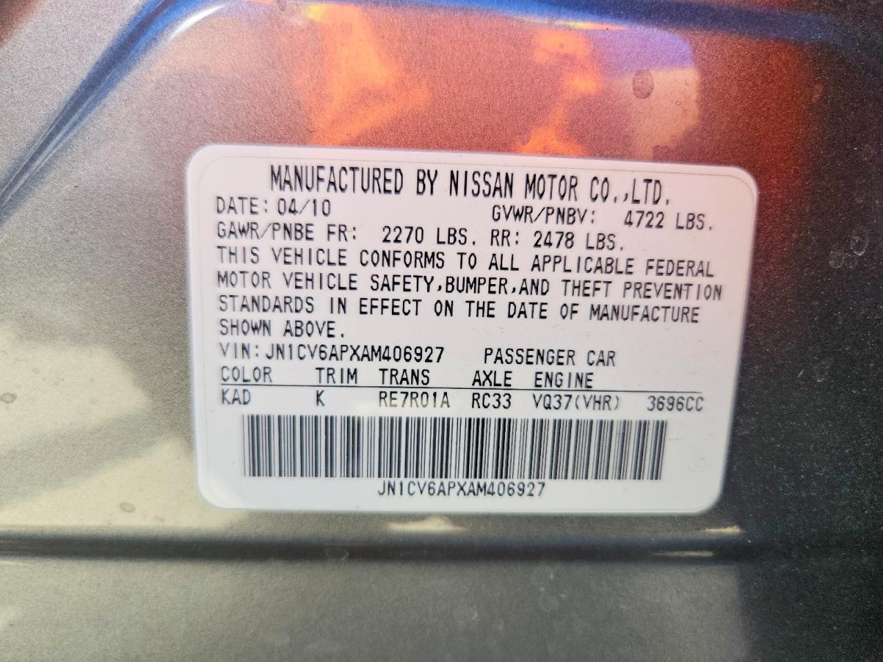 2010 Infiniti G37 Sedan Base Gray vin: JN1CV6APXAM406927