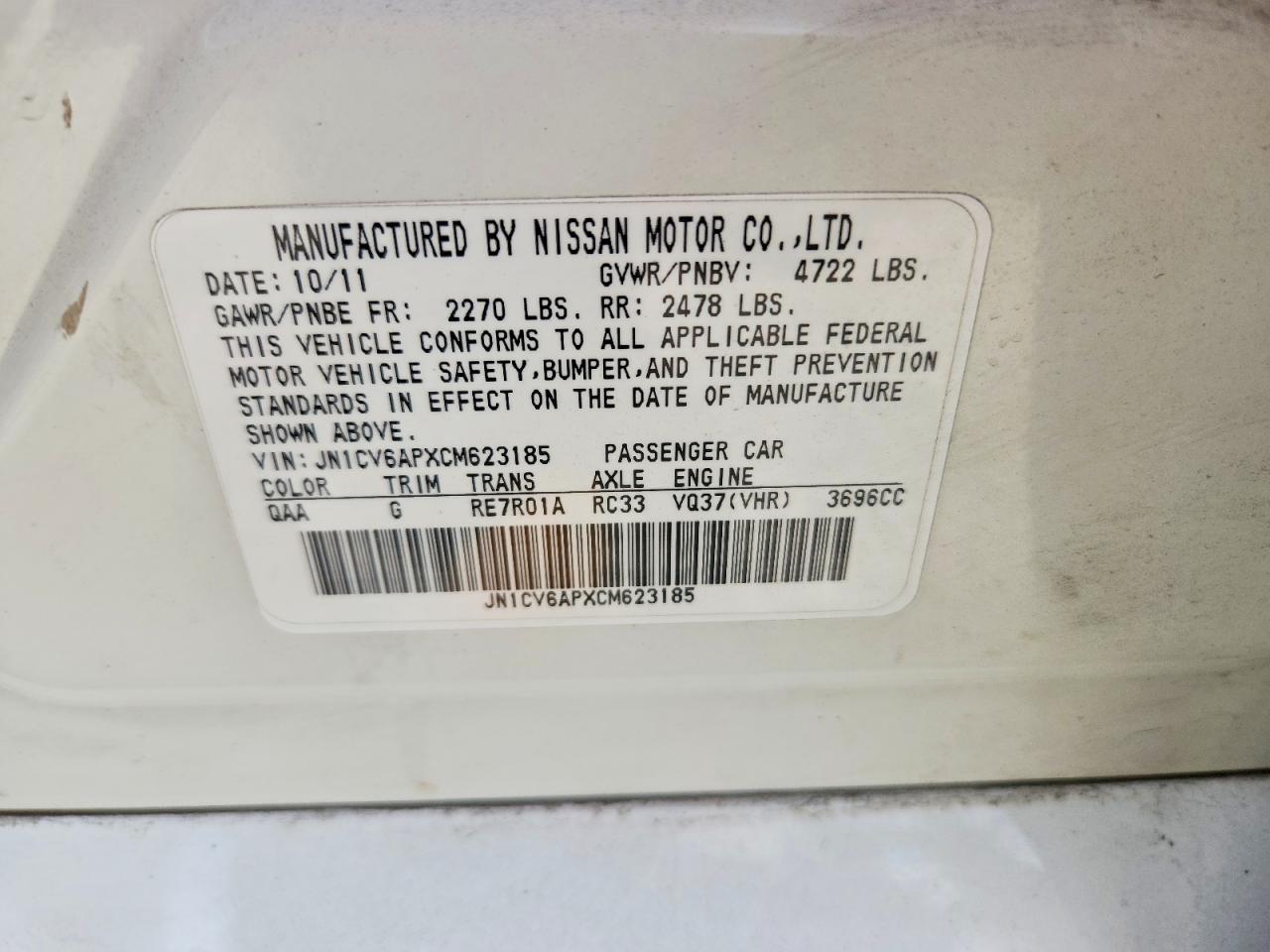 2012 Infiniti G37 Sedan Journey White vin: JN1CV6APXCM623185