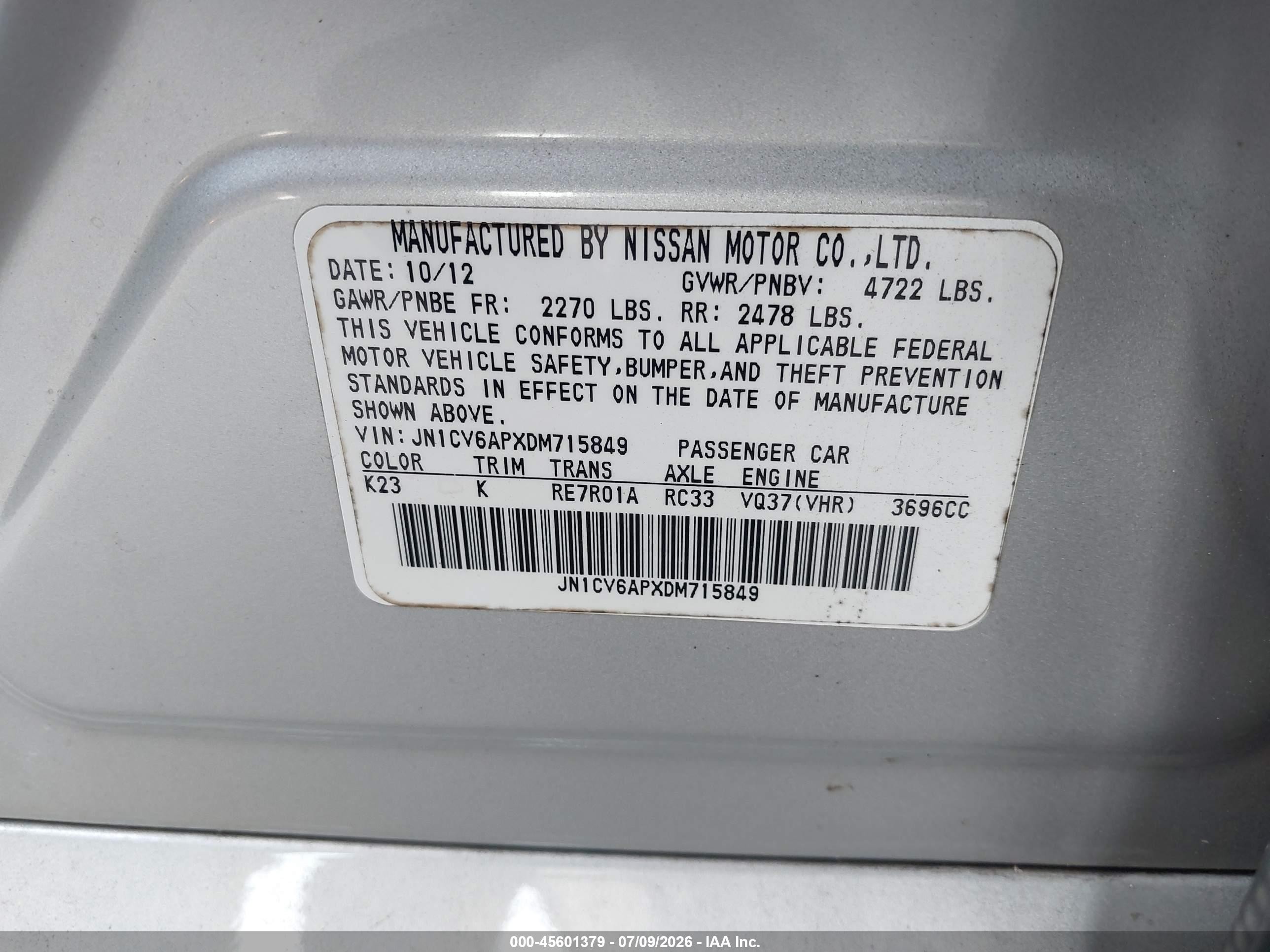 2013 Infiniti G37 Journey Silver vin: JN1CV6APXDM715849