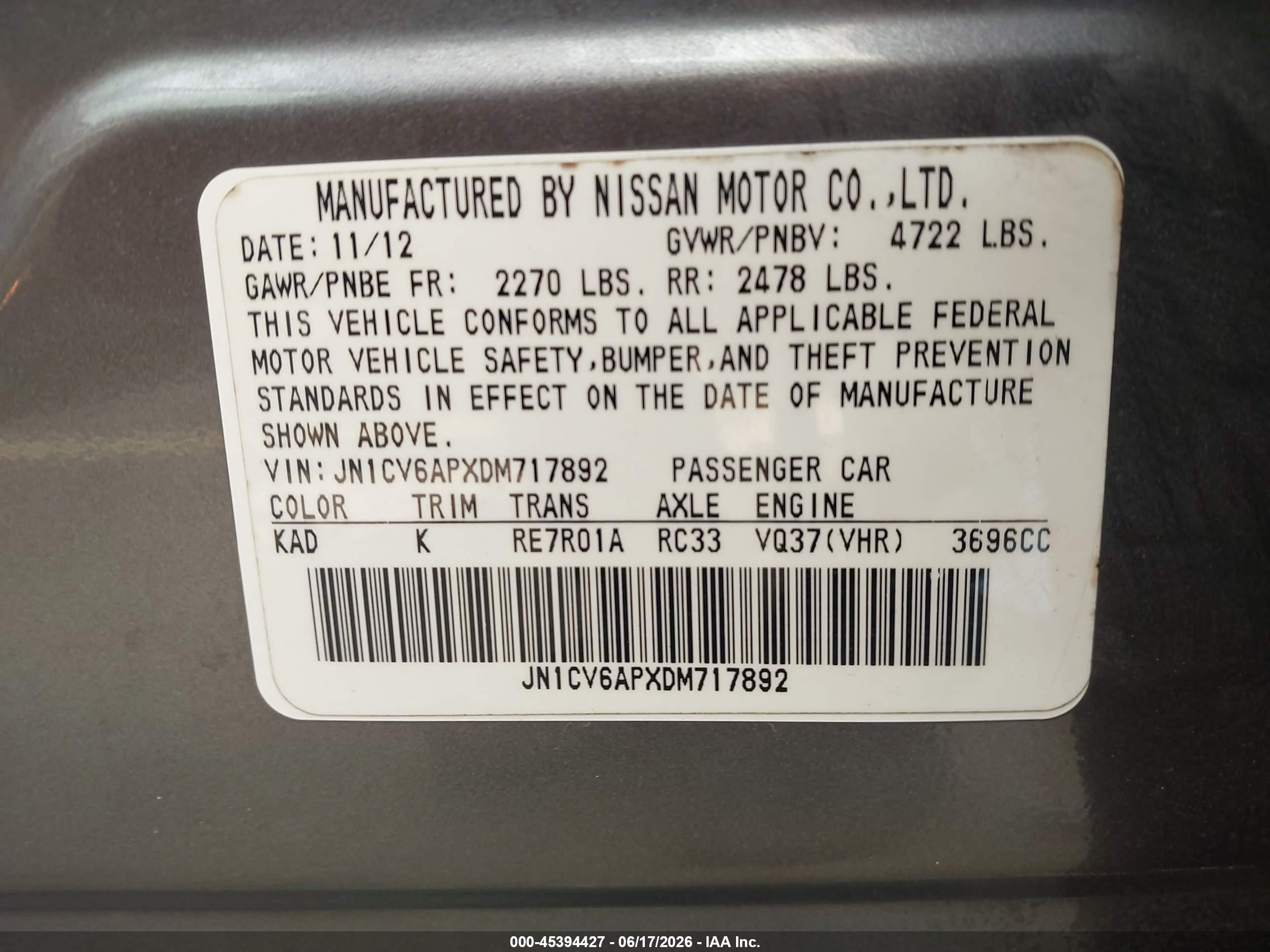 2013 Infiniti G37 Journey Gray vin: JN1CV6APXDM717892