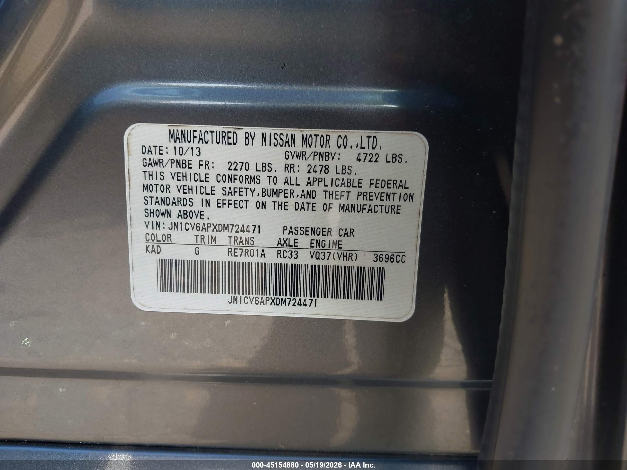 2013 Infiniti G37 Journey Gray vin: JN1CV6APXDM724471