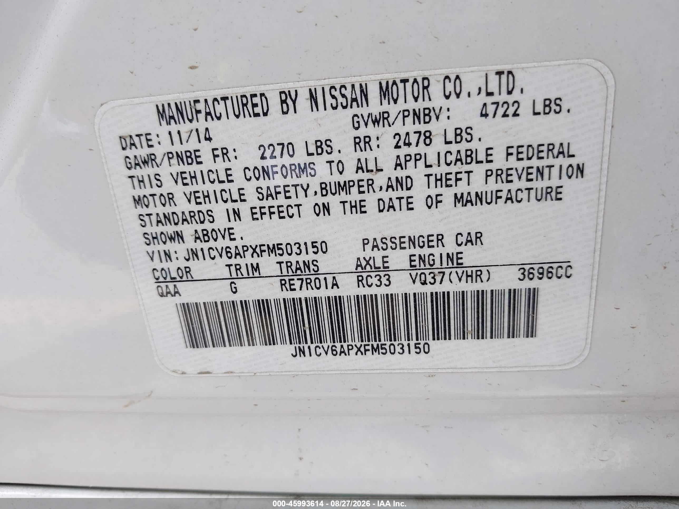 2015 Infiniti Q40   White vin: JN1CV6APXFM503150