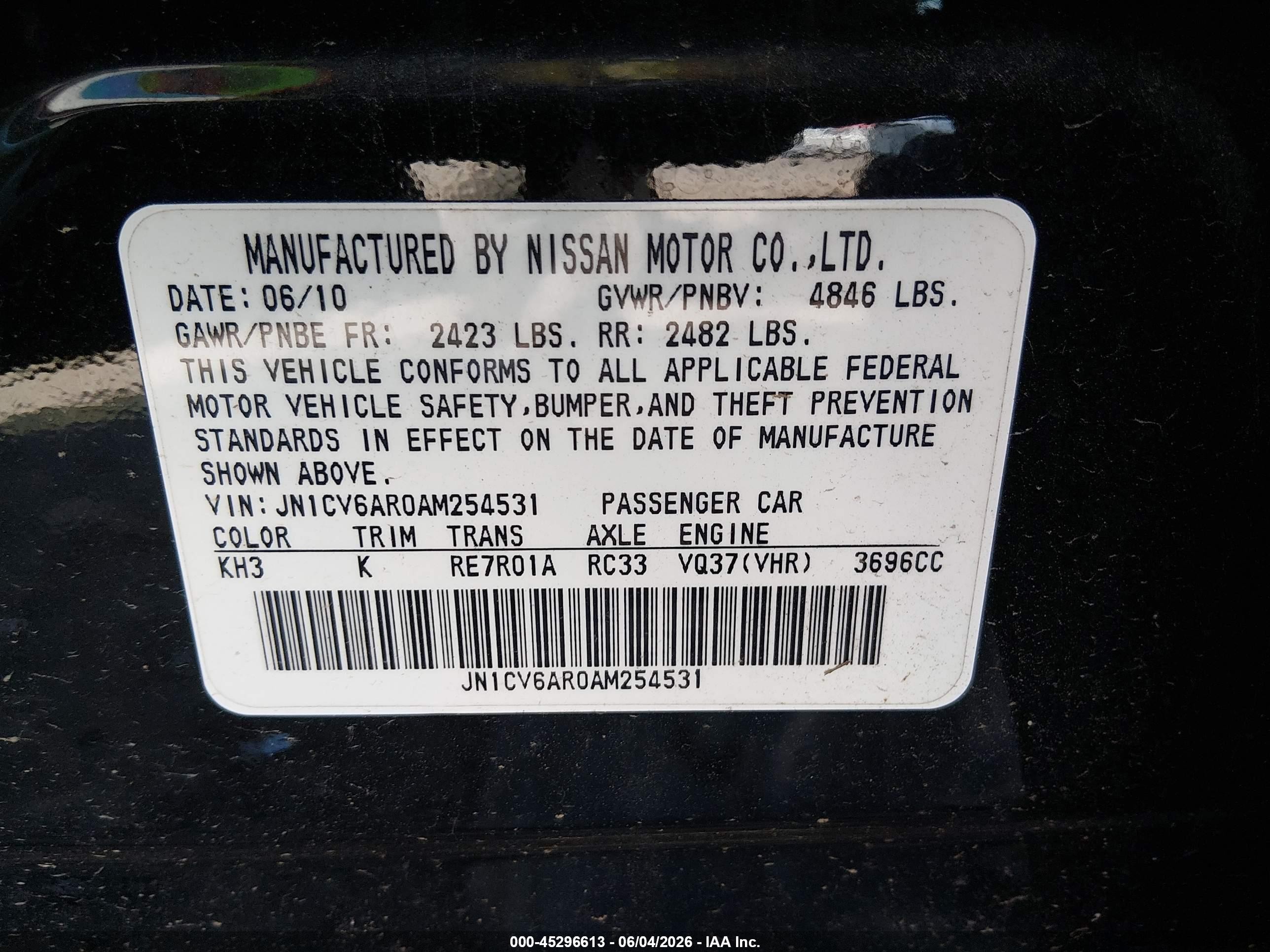 2010 Infiniti G37x   Black vin: JN1CV6AR0AM254531