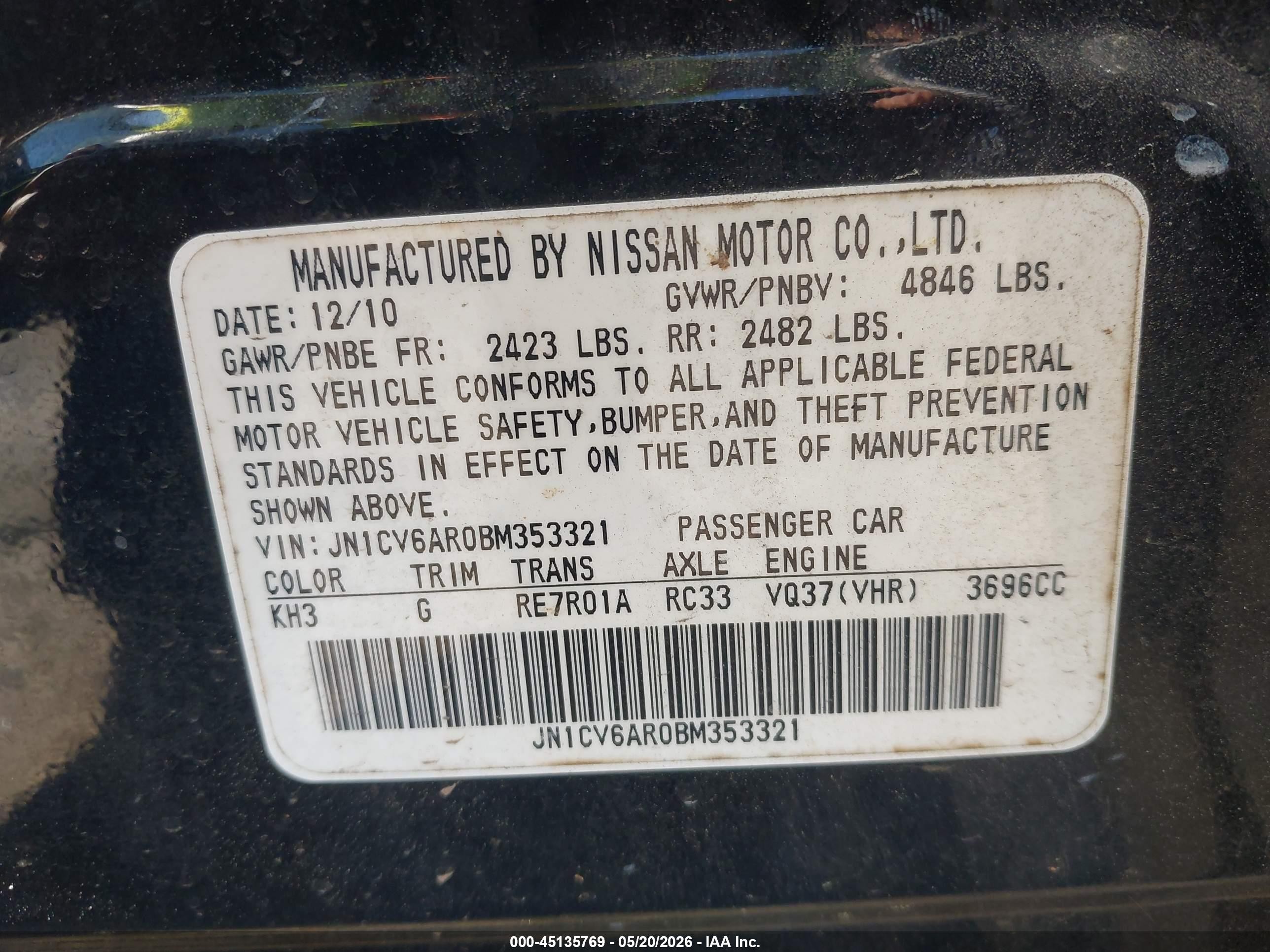 2011 Infiniti G37x   Black vin: JN1CV6AR0BM353321