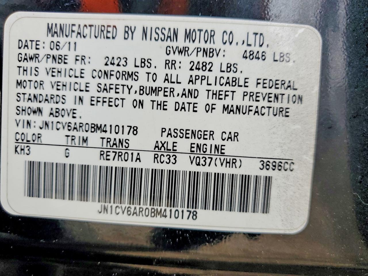 2011 Infiniti G37 Sedan X Black vin: JN1CV6AR0BM410178