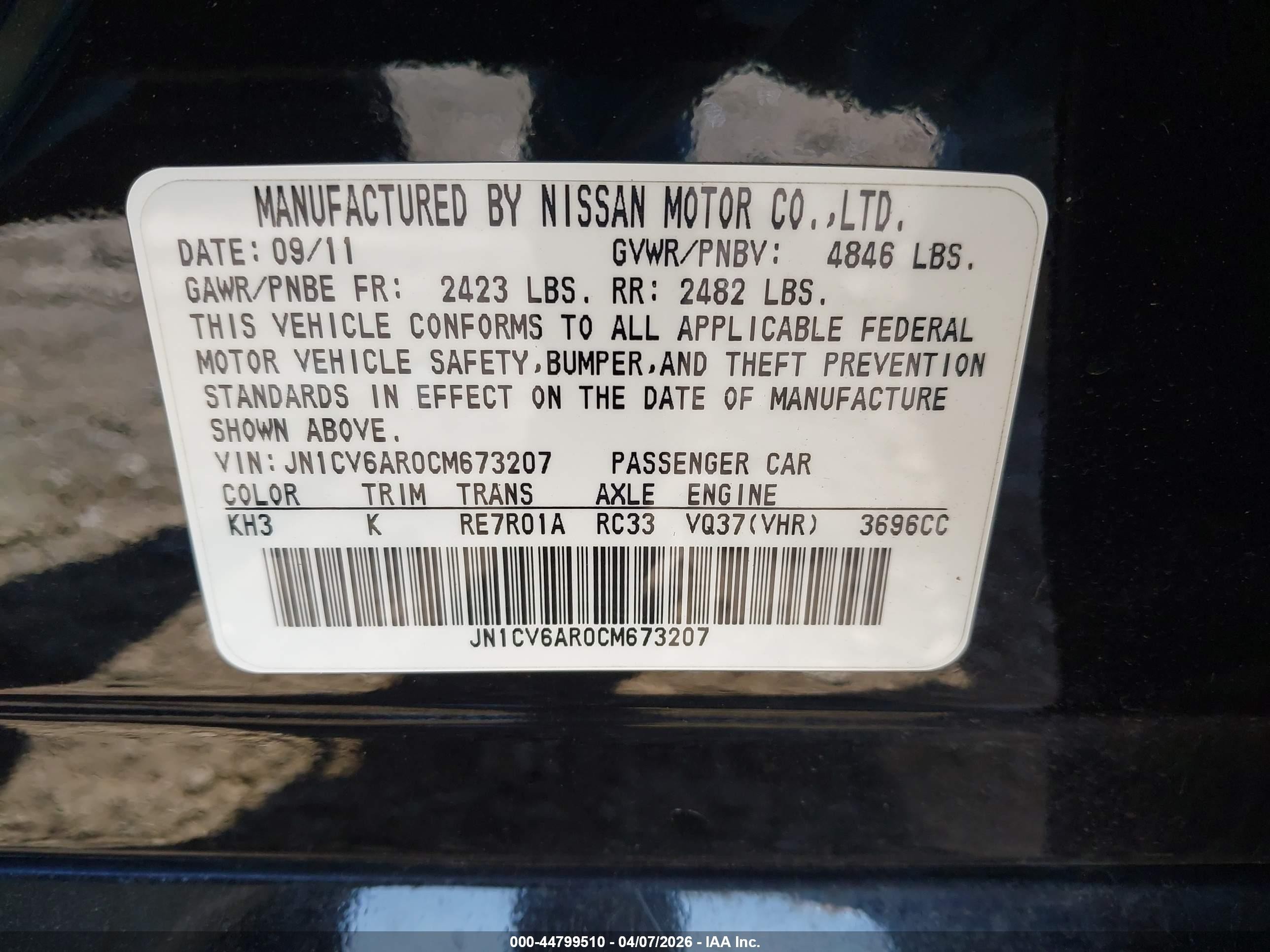2012 Infiniti G37x   Black vin: JN1CV6AR0CM673207