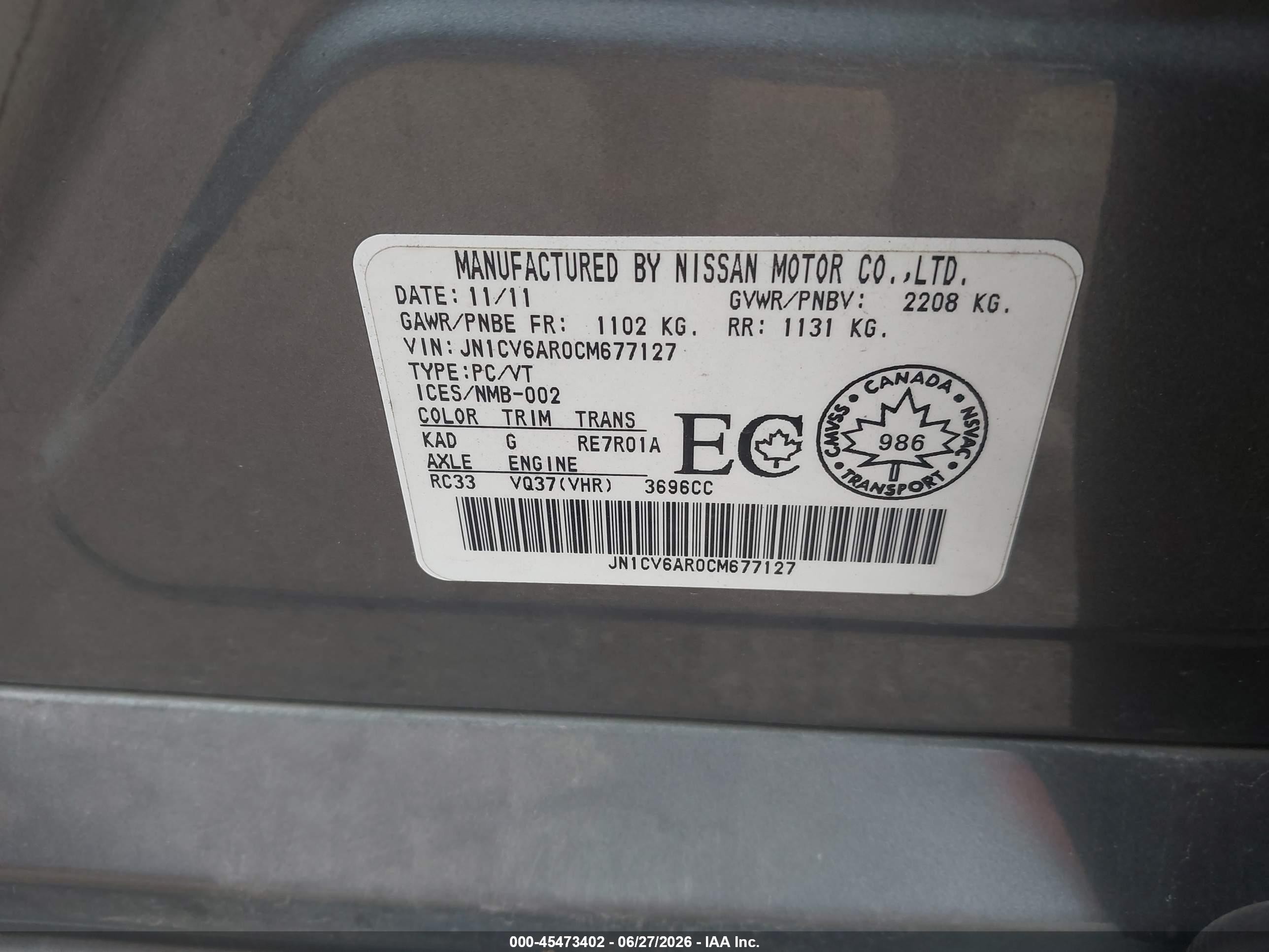 2012 Infiniti G37x   Gray vin: JN1CV6AR0CM677127