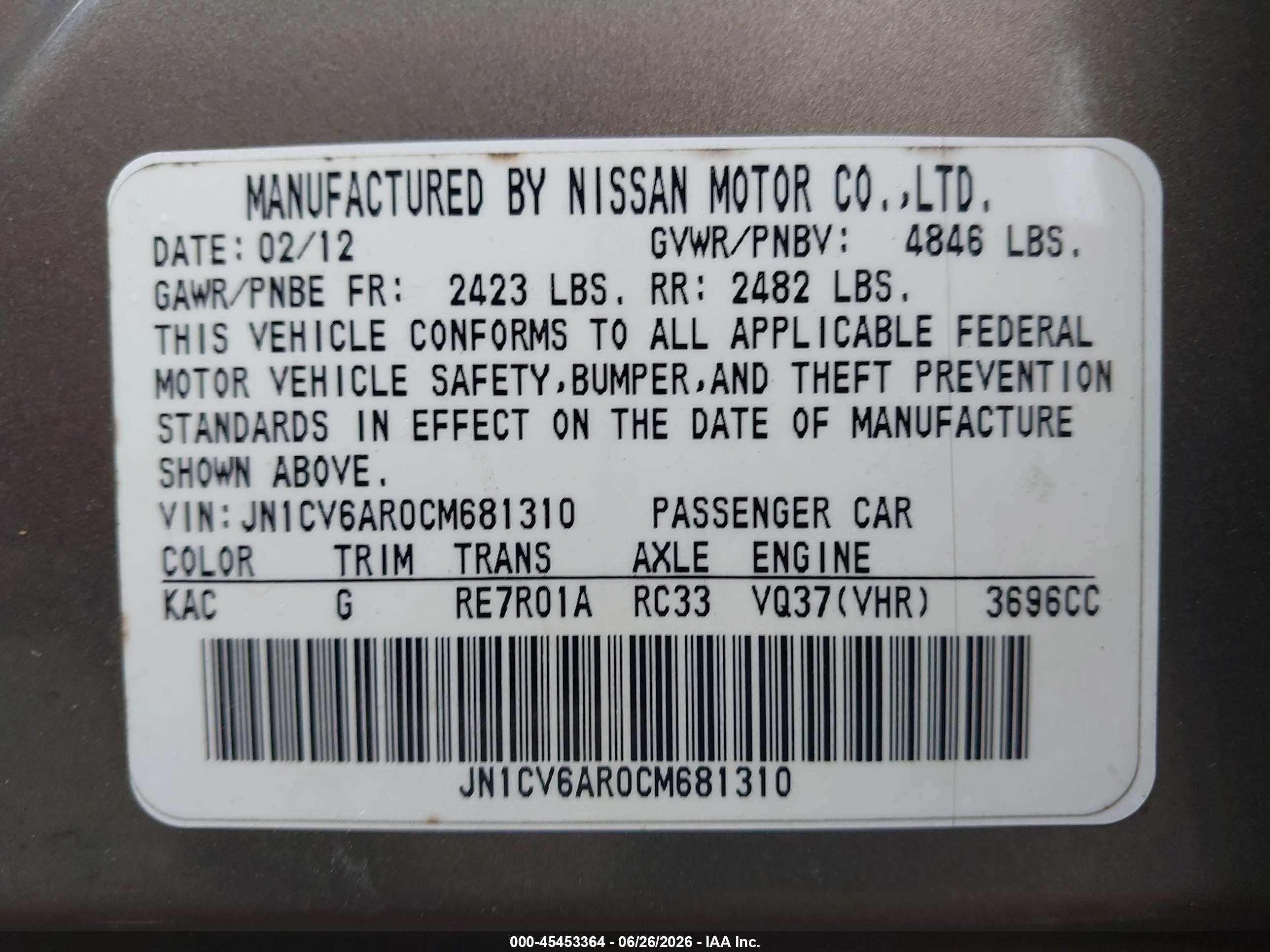 2012 Infiniti G37   Gray vin: JN1CV6AR0CM681310