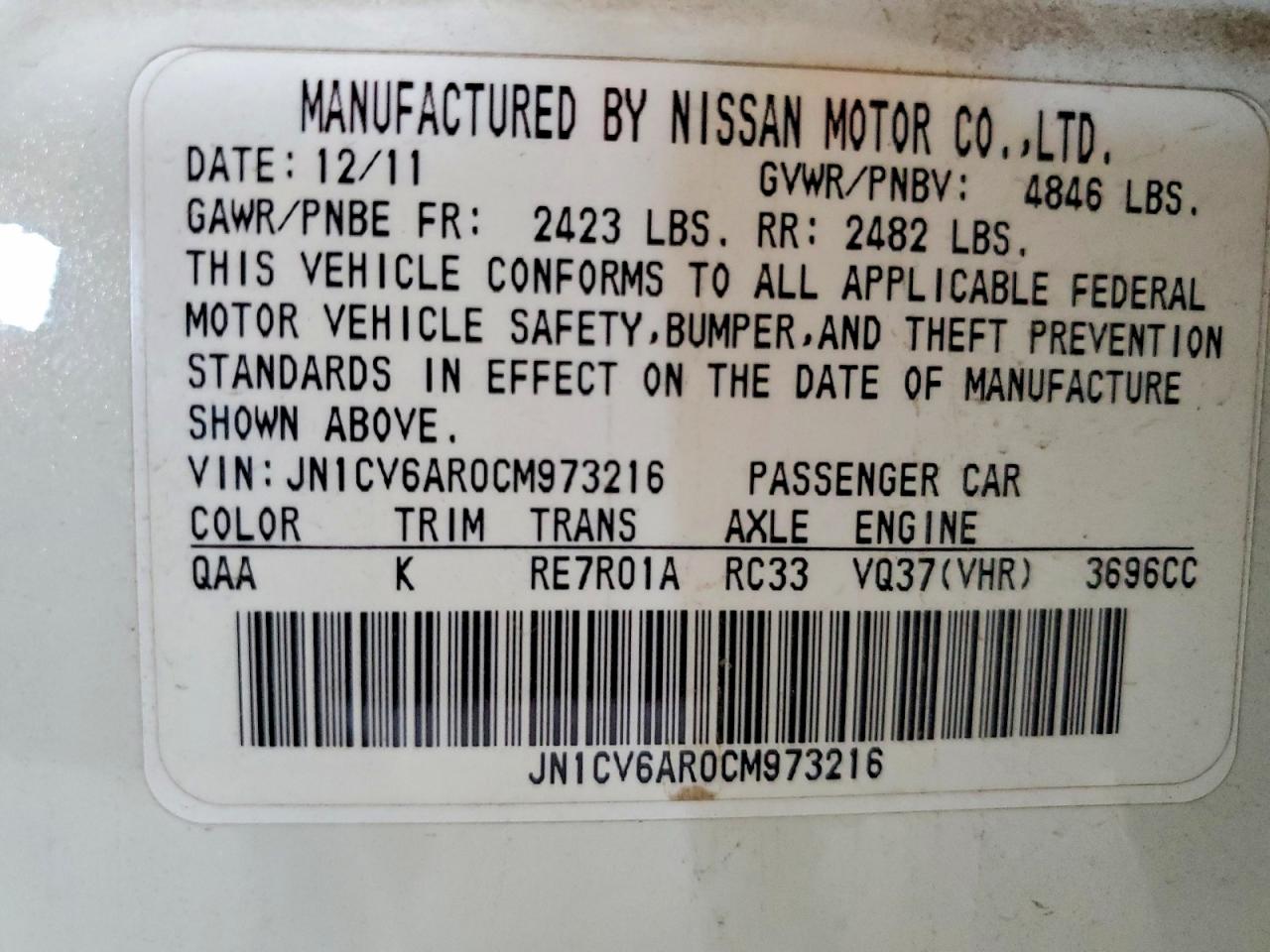 2012 Infiniti G37 Sedan X White vin: JN1CV6AR0CM973216
