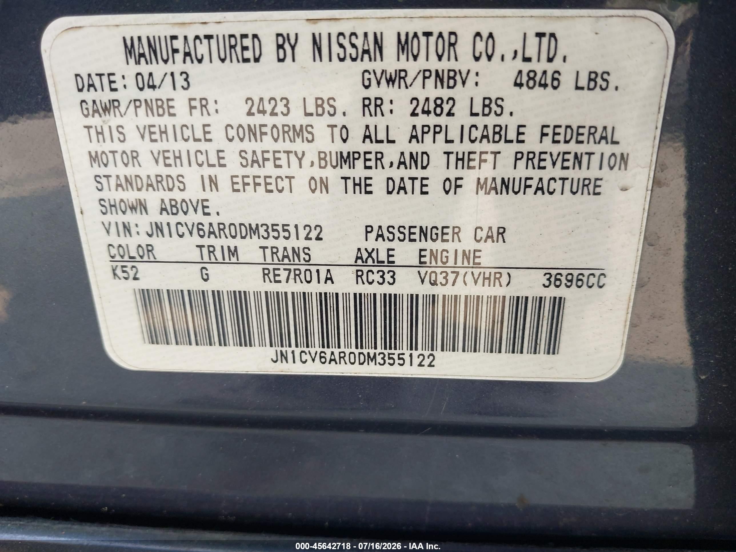 2013 Infiniti G37x   Серый vin: JN1CV6AR0DM355122