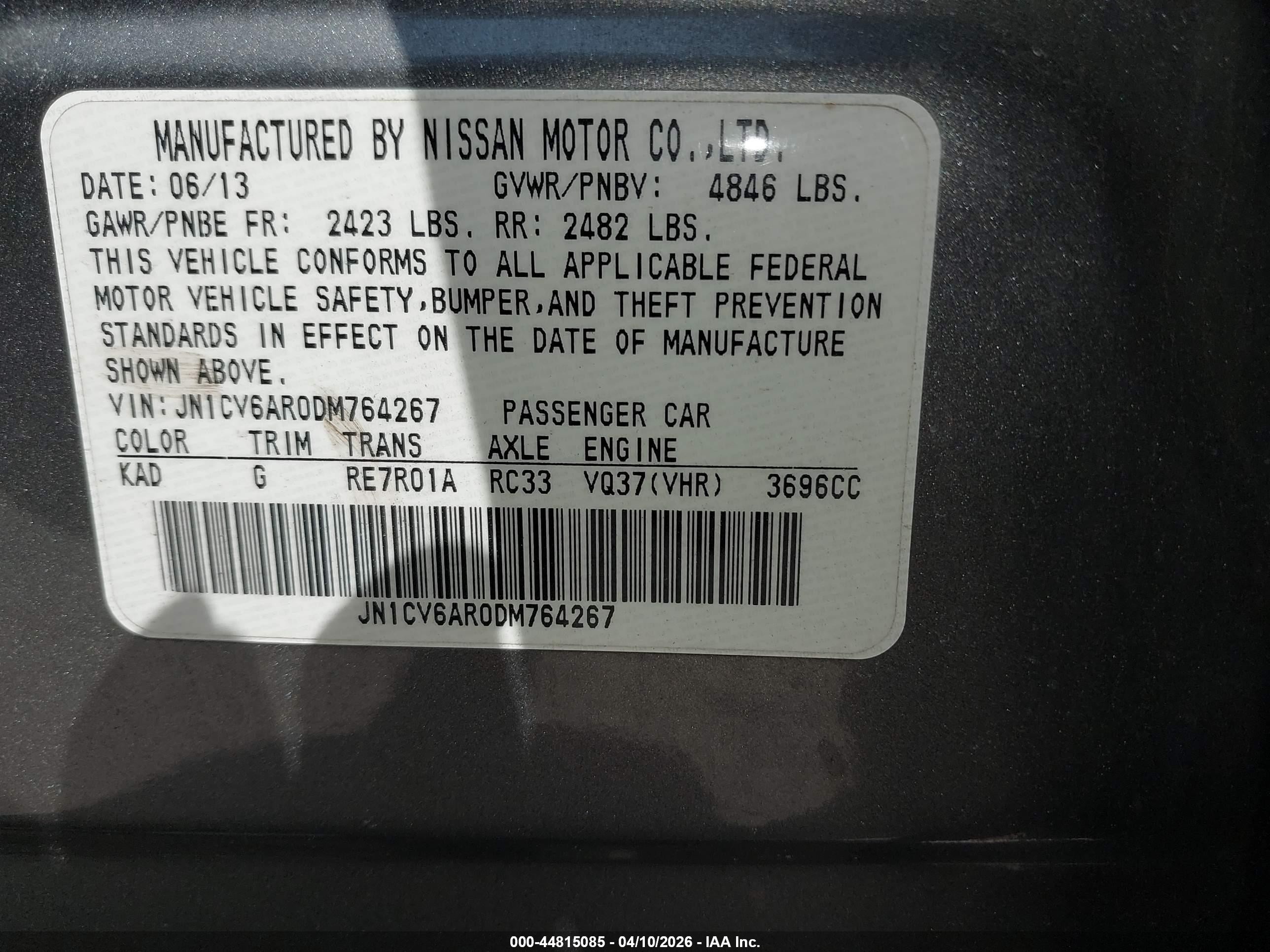 2013 Infiniti G37x   Gray vin: JN1CV6AR0DM764267