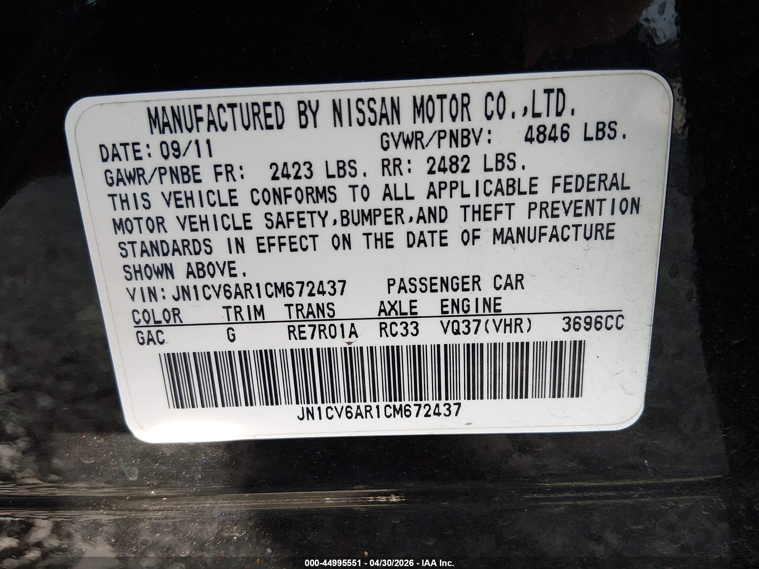 2012 Infiniti G37x   Black vin: JN1CV6AR1CM672437