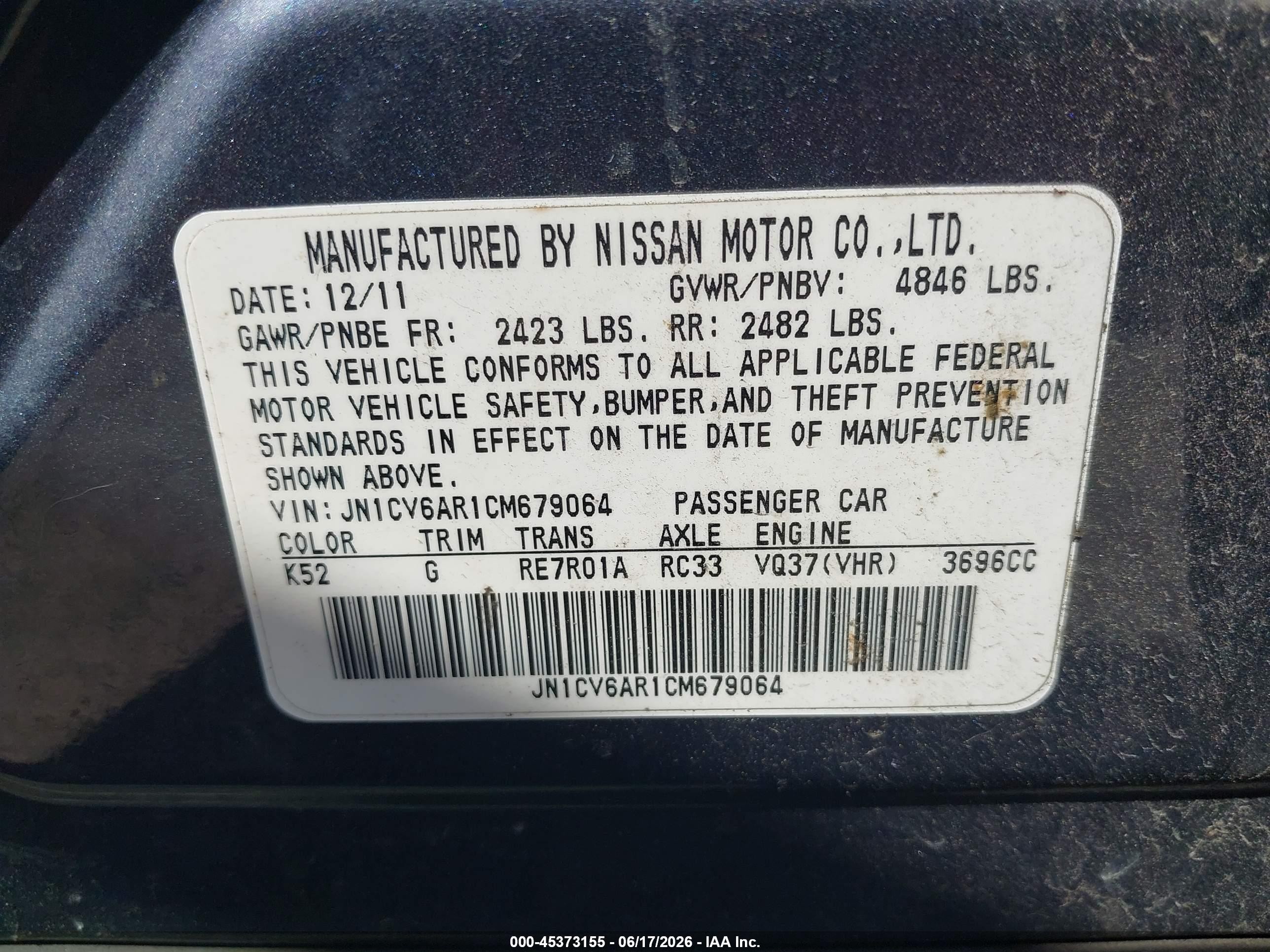 2012 Infiniti G37x   Gray vin: JN1CV6AR1CM679064