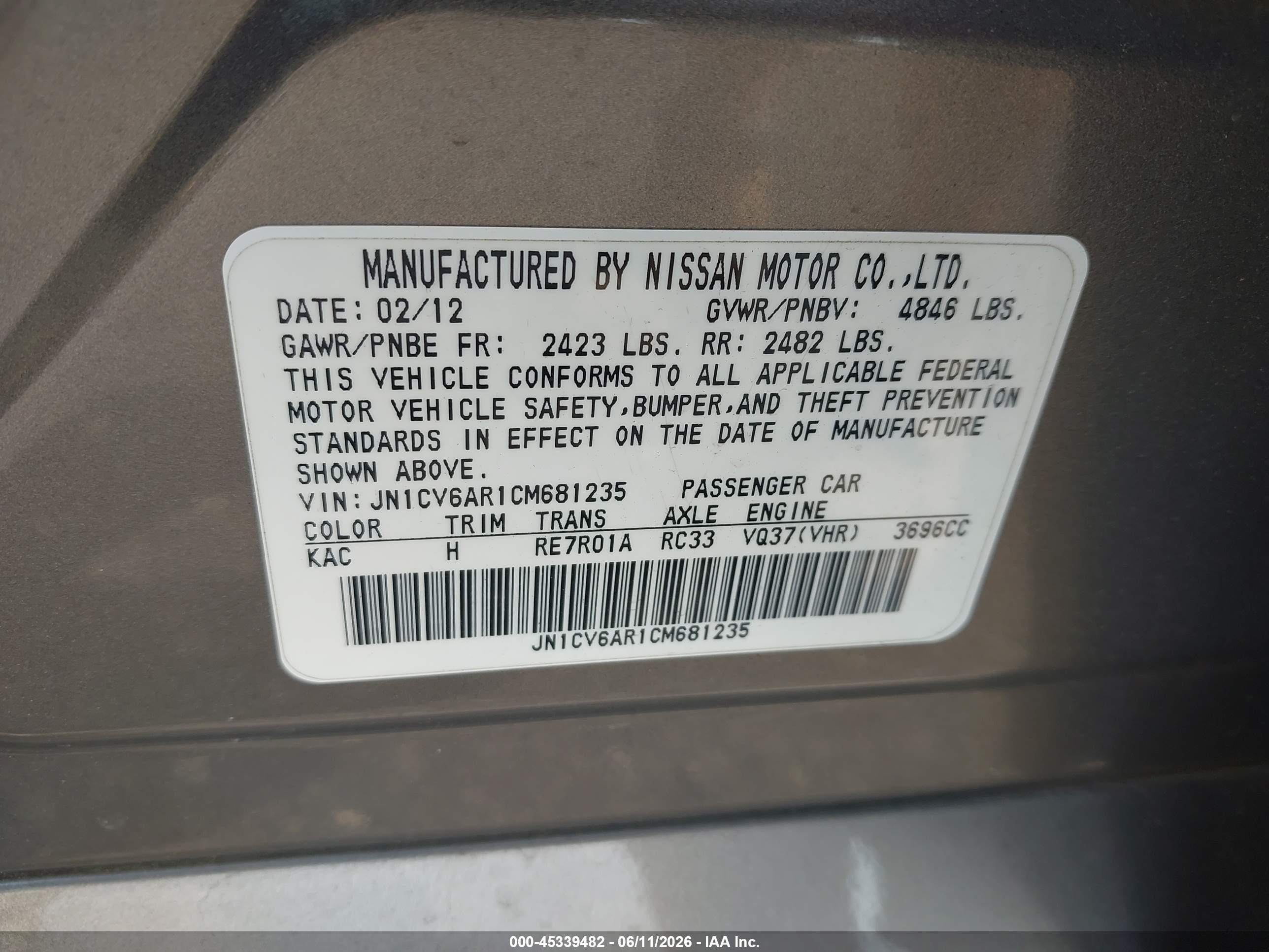 2012 Infiniti G37x   Beige vin: JN1CV6AR1CM681235