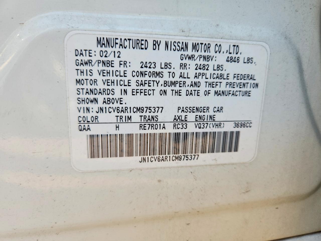 2012 Infiniti G37 White vin: JN1CV6AR1CM975377