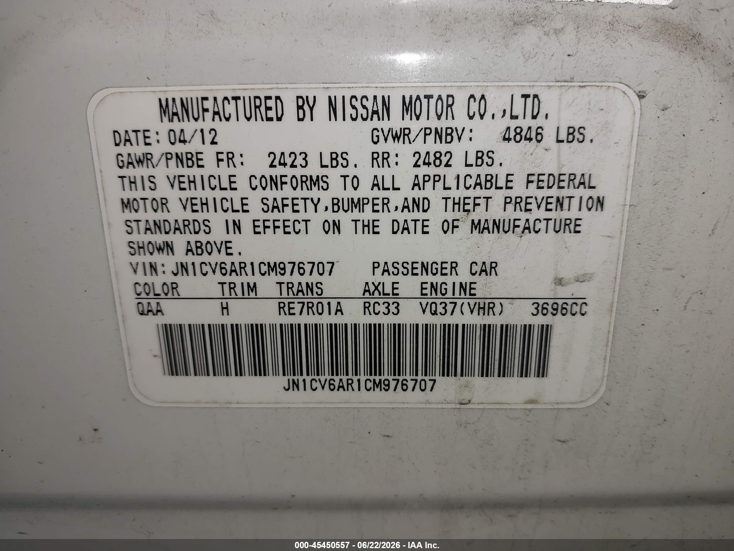 2012 Infiniti G37x   White vin: JN1CV6AR1CM976707